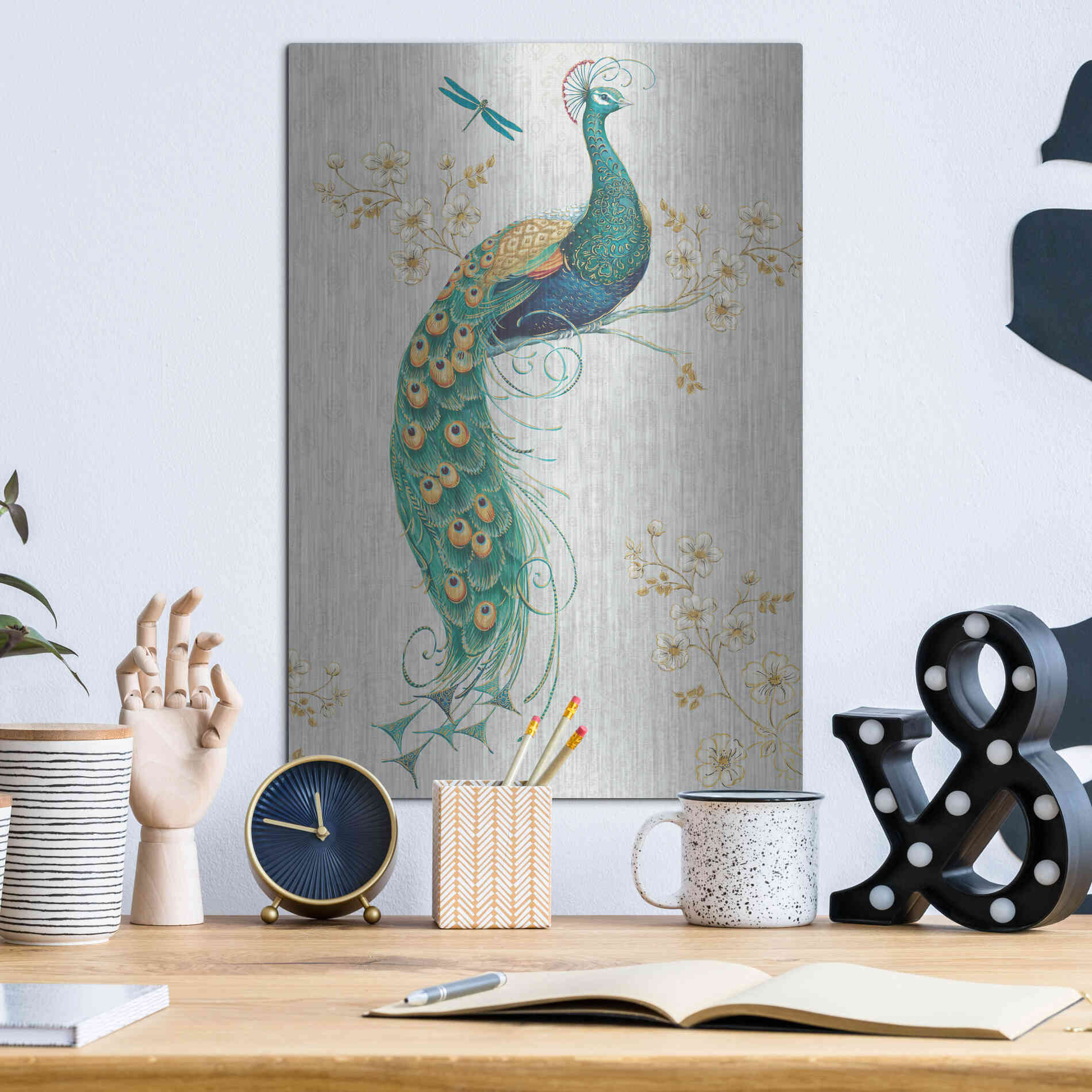 Luxe Metal Art 'Ornate Peacock IXA' by Daphne Brissonet, Metal Wall Art,12x16