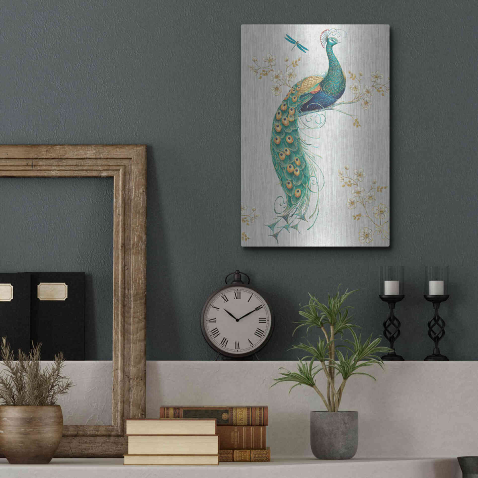 Luxe Metal Art 'Ornate Peacock IXA' by Daphne Brissonet, Metal Wall Art,12x16