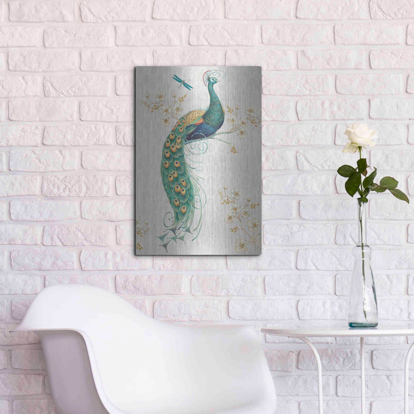 Luxe Metal Art 'Ornate Peacock IXA' by Daphne Brissonet, Metal Wall Art,16x24
