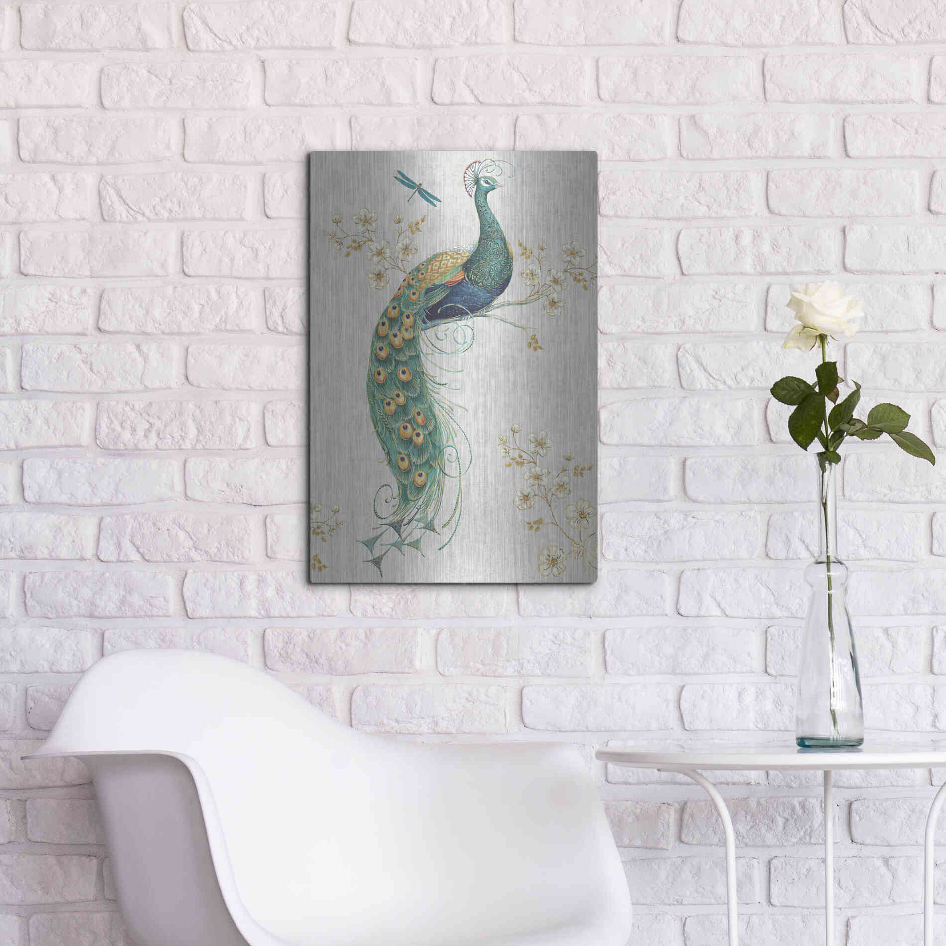 Luxe Metal Art 'Ornate Peacock IXA' by Daphne Brissonet, Metal Wall Art,16x24