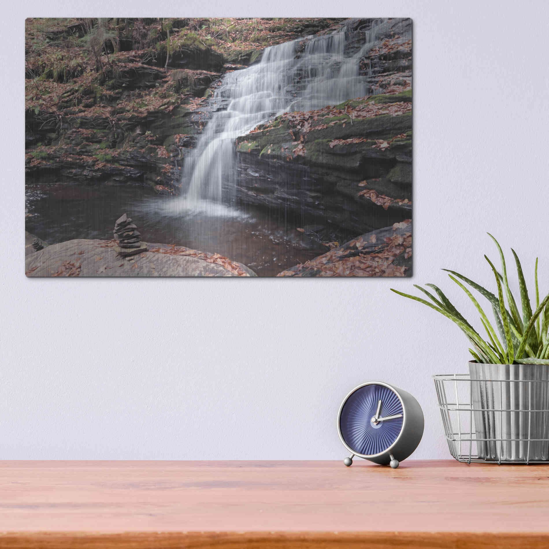 Luxe Metal Art 'Peaceful Day at Mohican Falls' by Lori Deiter, Metal Wall Art,16x12