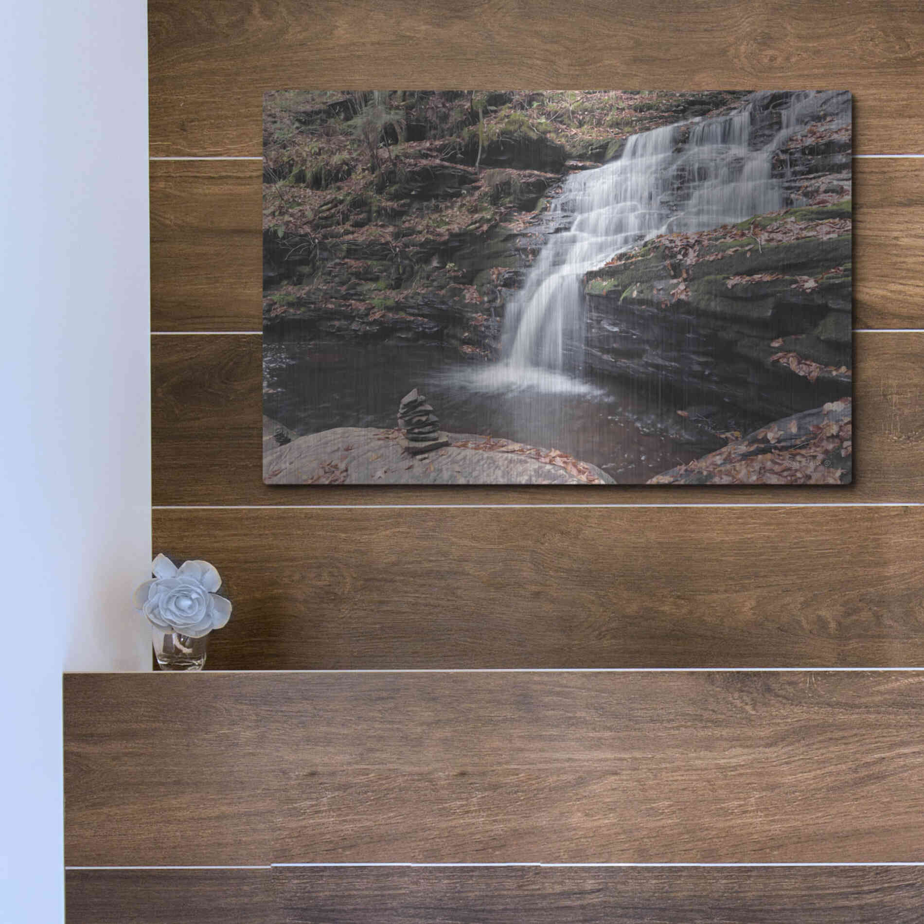 Luxe Metal Art 'Peaceful Day at Mohican Falls' by Lori Deiter, Metal Wall Art,16x12
