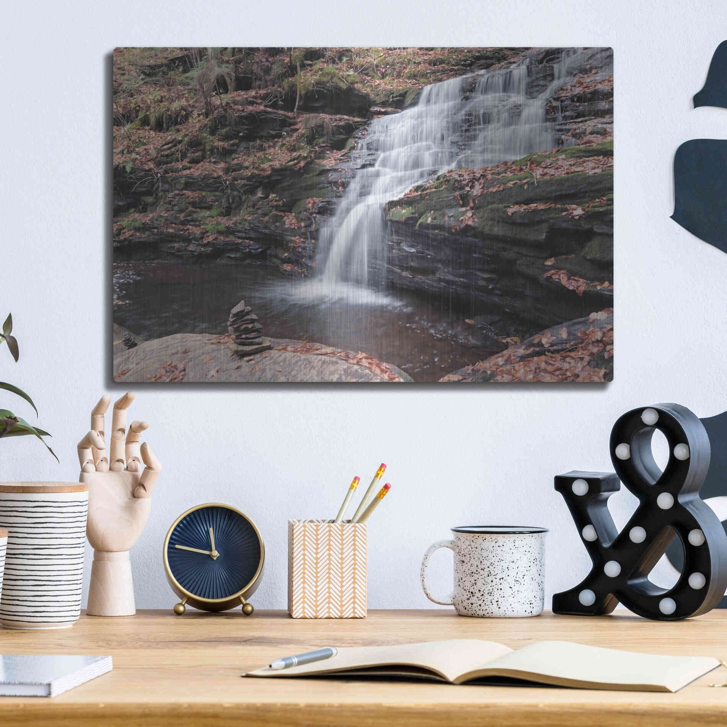 Luxe Metal Art 'Peaceful Day at Mohican Falls' by Lori Deiter, Metal Wall Art,16x12