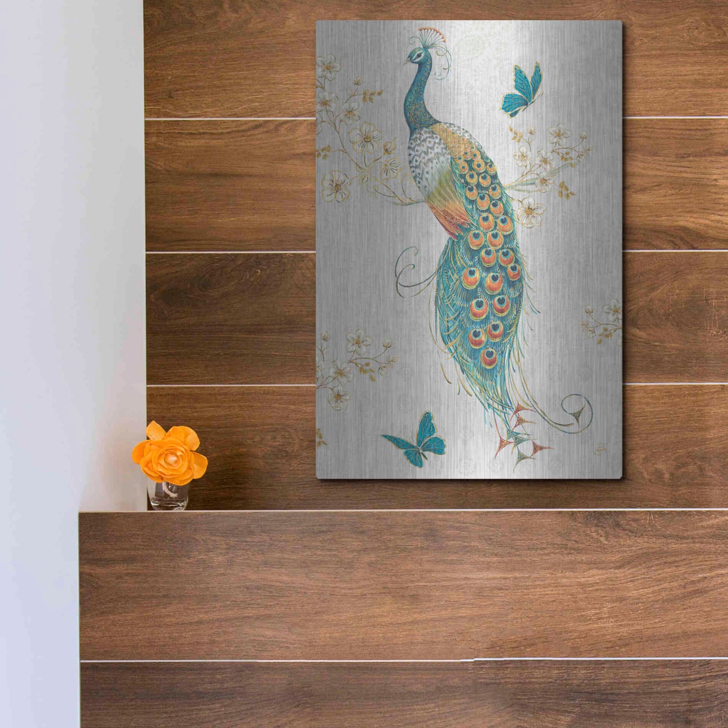 Luxe Metal Art 'Ornate Peacock XA' by Daphne Brissonet, Metal Wall Art,12x16