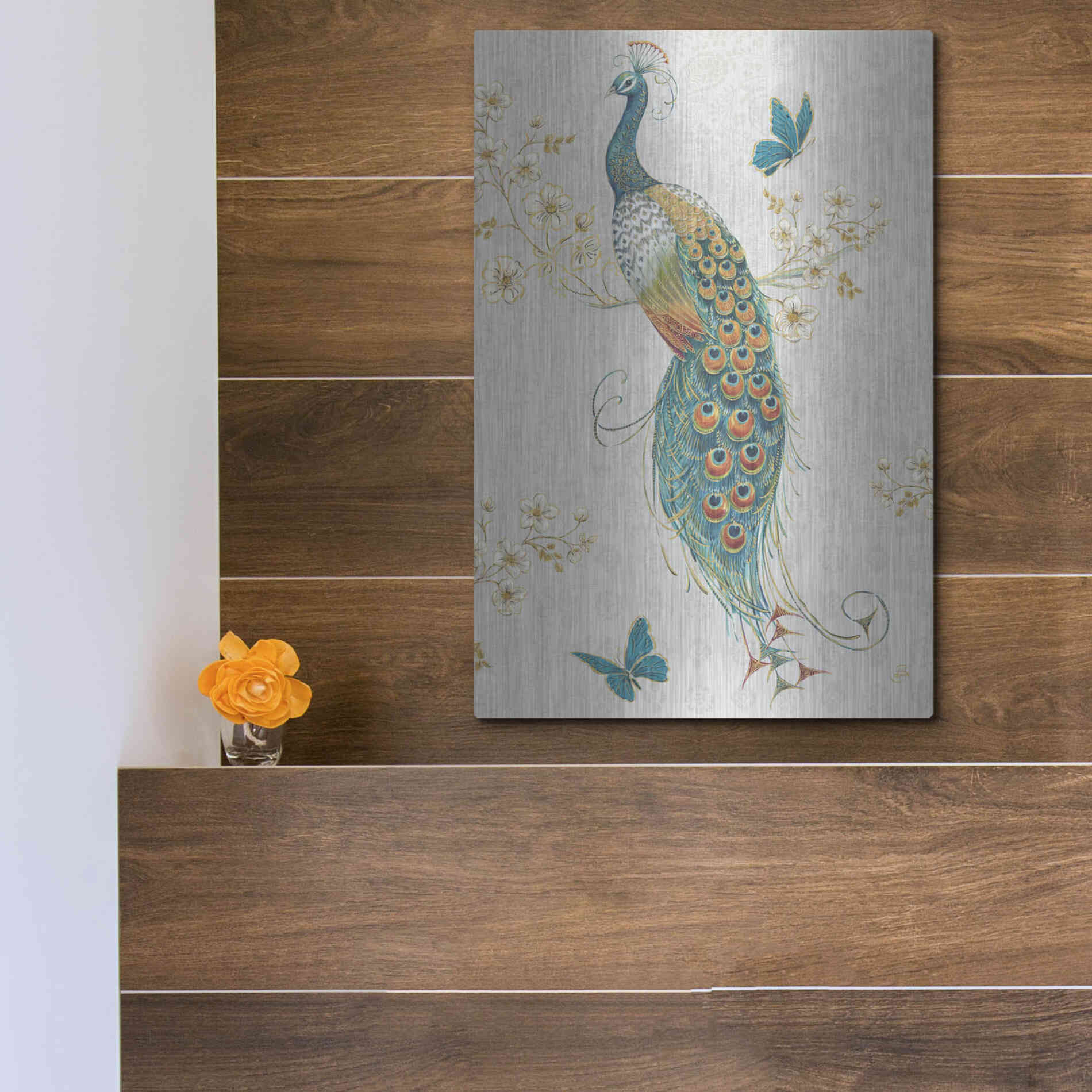 Luxe Metal Art 'Ornate Peacock XA' by Daphne Brissonet, Metal Wall Art,12x16