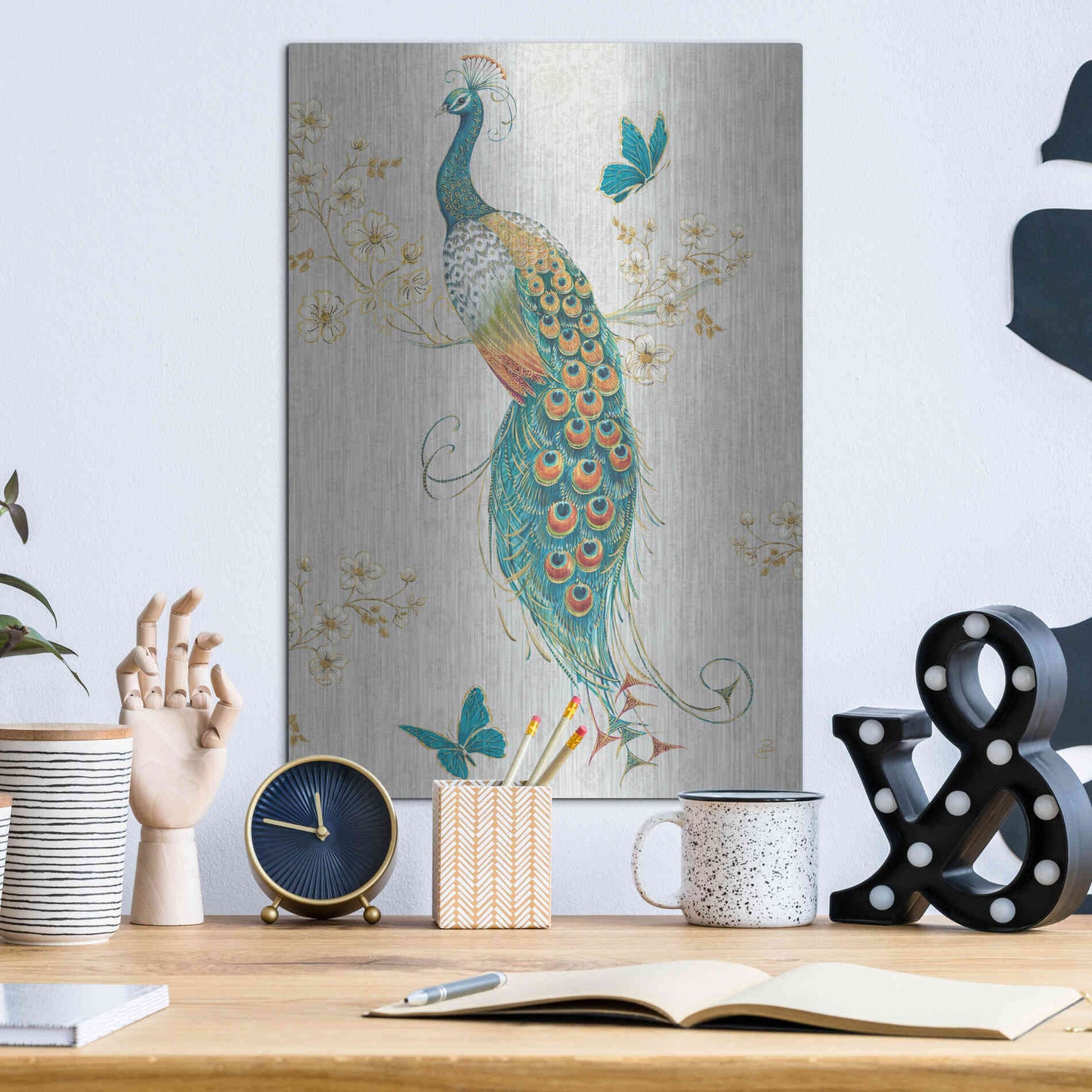 Luxe Metal Art 'Ornate Peacock XA' by Daphne Brissonet, Metal Wall Art,12x16