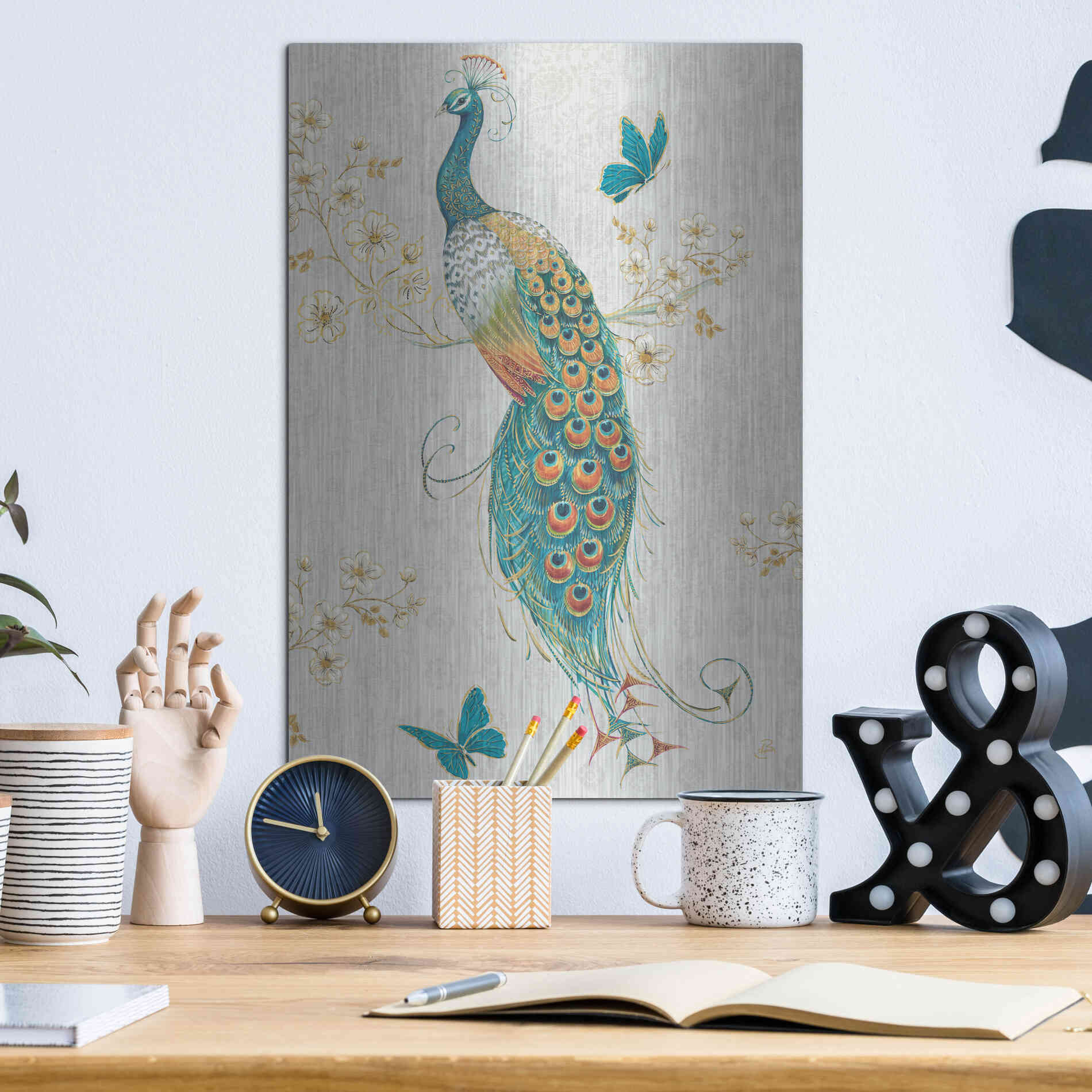 Luxe Metal Art 'Ornate Peacock XA' by Daphne Brissonet, Metal Wall Art,12x16