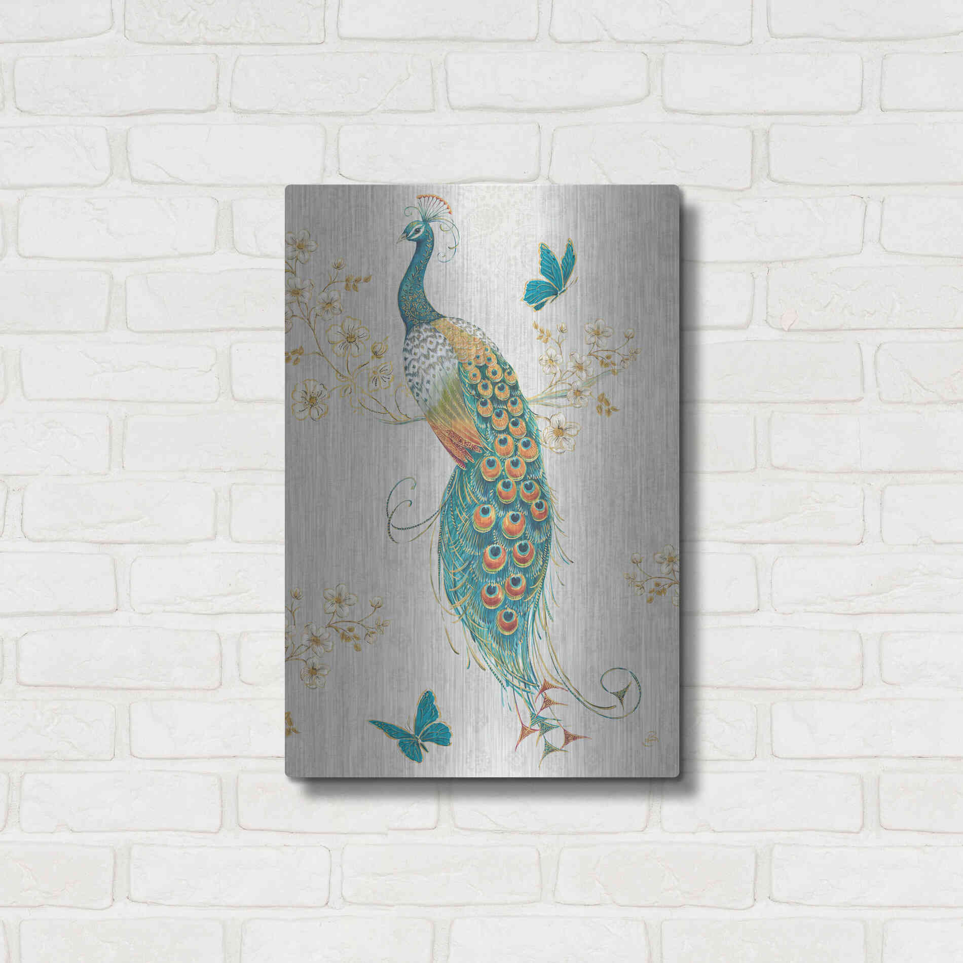 Luxe Metal Art 'Ornate Peacock XA' by Daphne Brissonet, Metal Wall Art,16x24