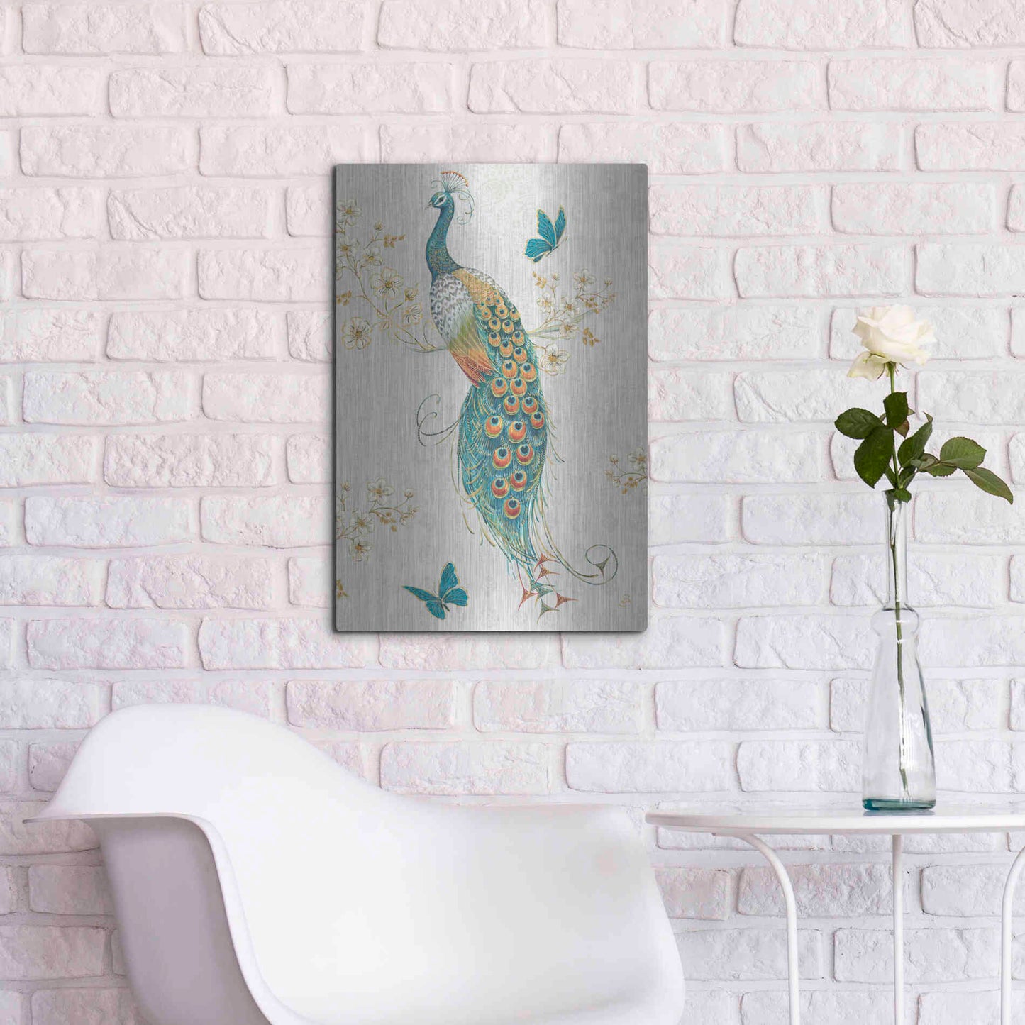 Luxe Metal Art 'Ornate Peacock XA' by Daphne Brissonet, Metal Wall Art,16x24