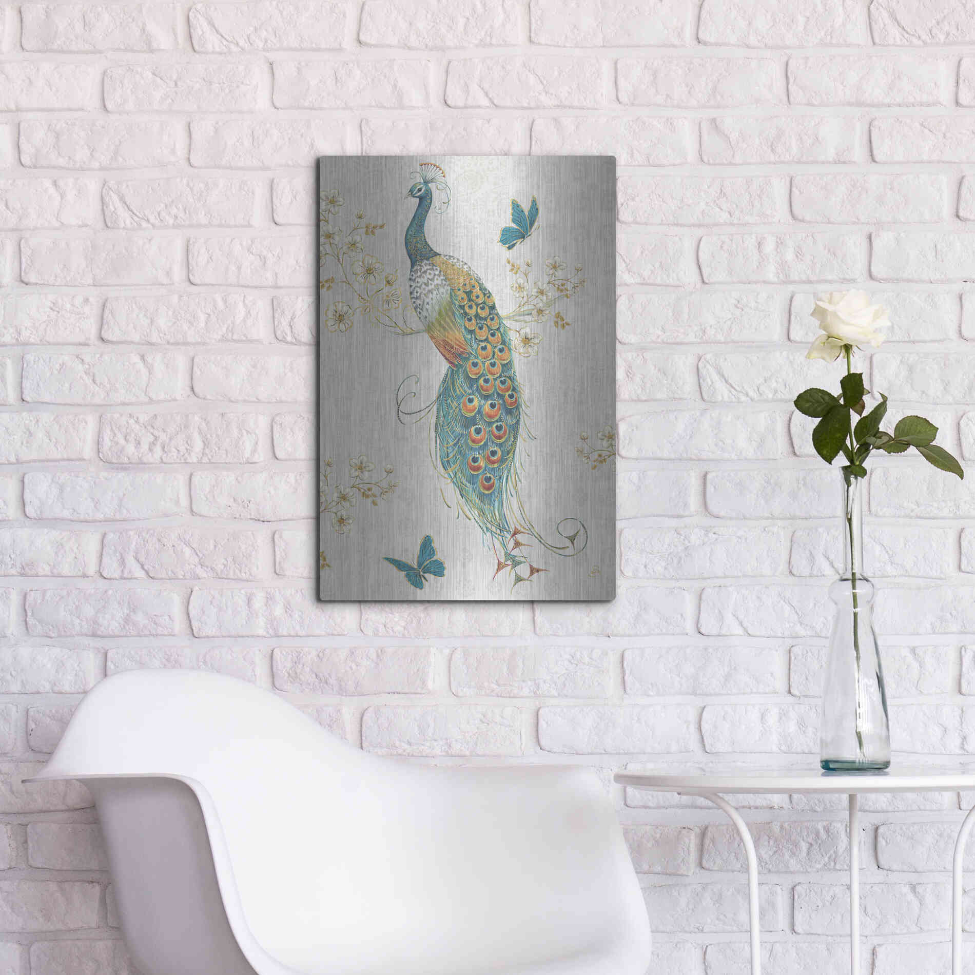Luxe Metal Art 'Ornate Peacock XA' by Daphne Brissonet, Metal Wall Art,16x24