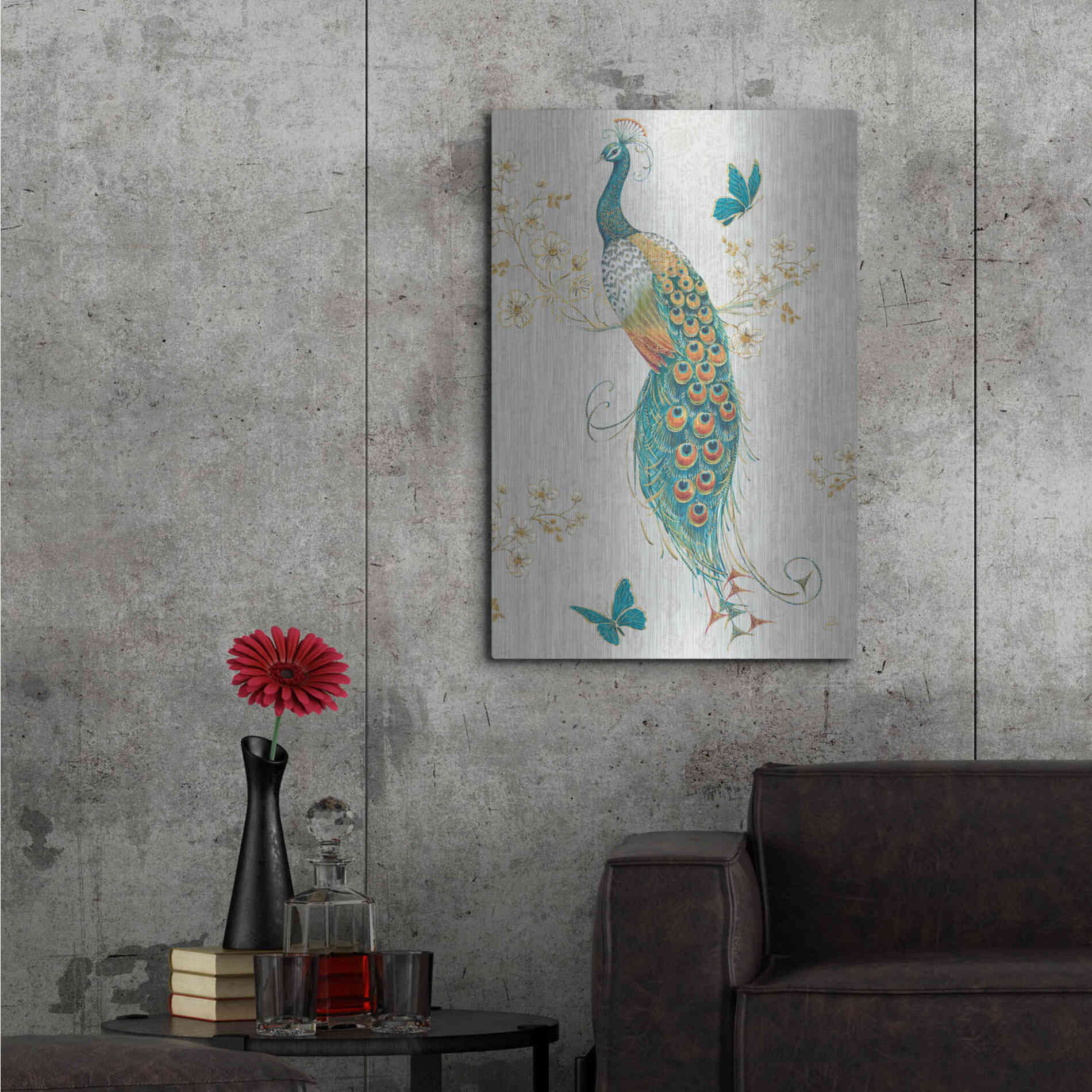 Luxe Metal Art 'Ornate Peacock XA' by Daphne Brissonet, Metal Wall Art,24x36
