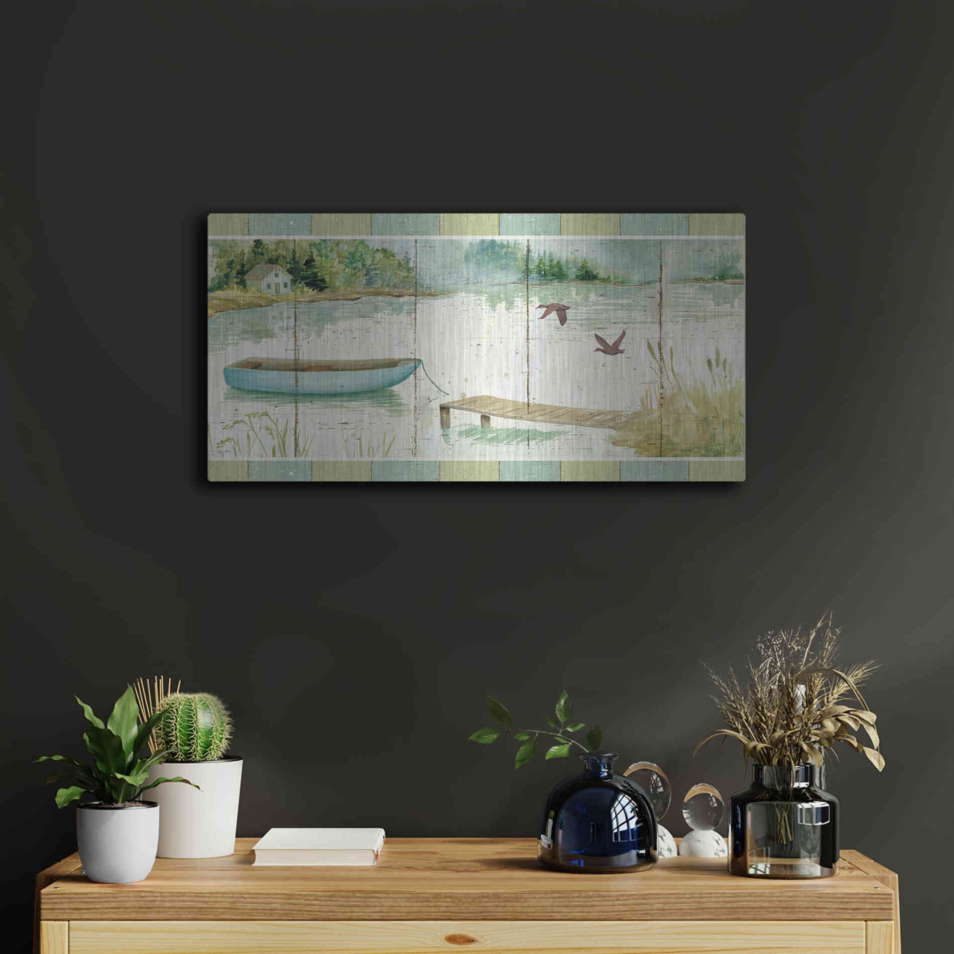 Luxe Metal Art 'Lakeside Dock' by Daphne Brissonet, Metal Wall Art,24x12