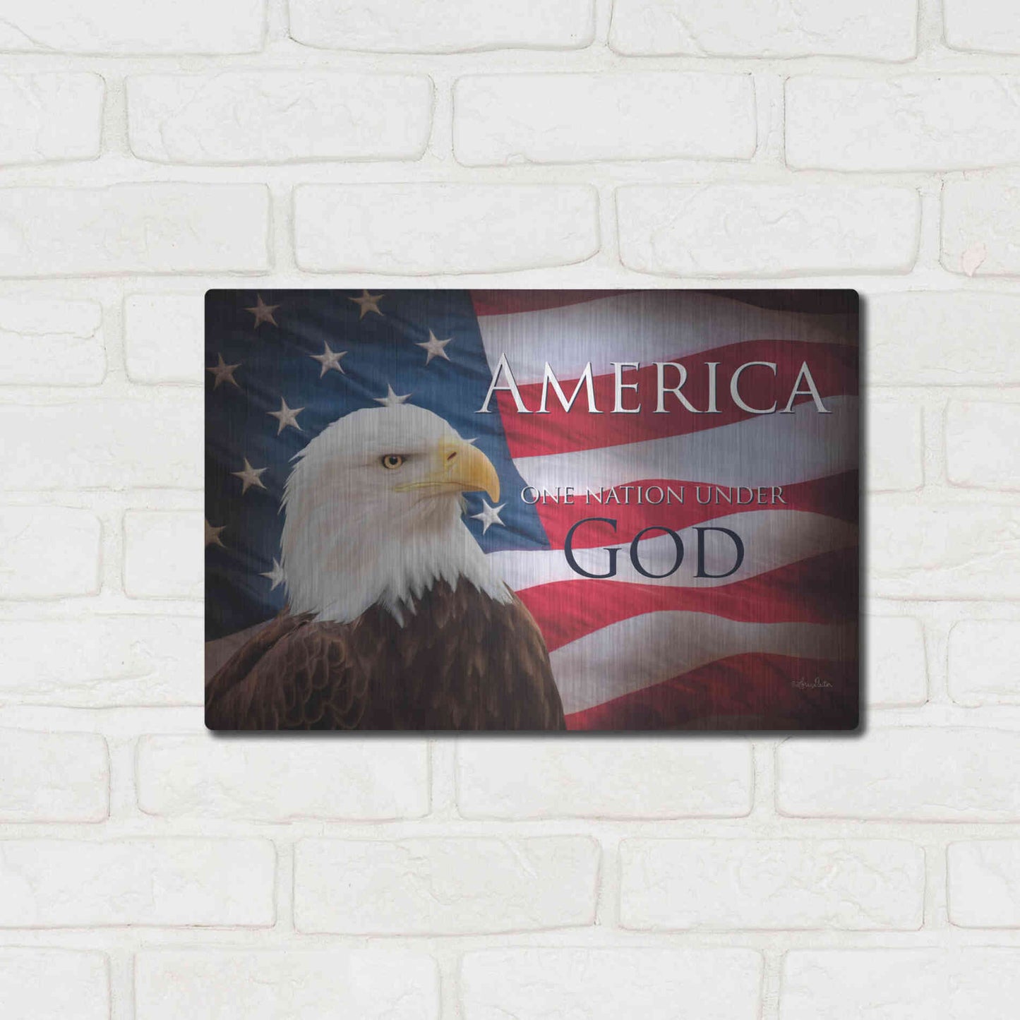 Luxe Metal Art 'One Nation Under God Flag' by Lori Deiter, Metal Wall Art,16x12