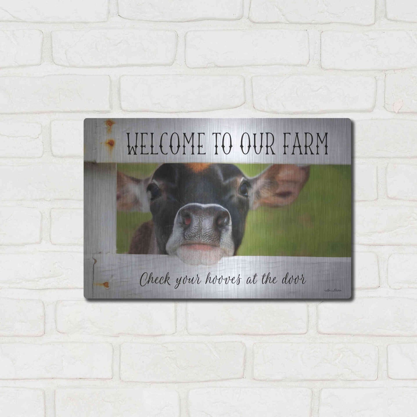 Luxe Metal Art 'Welcome Cow' by Lori Deiter Metal Wall Art,16x12