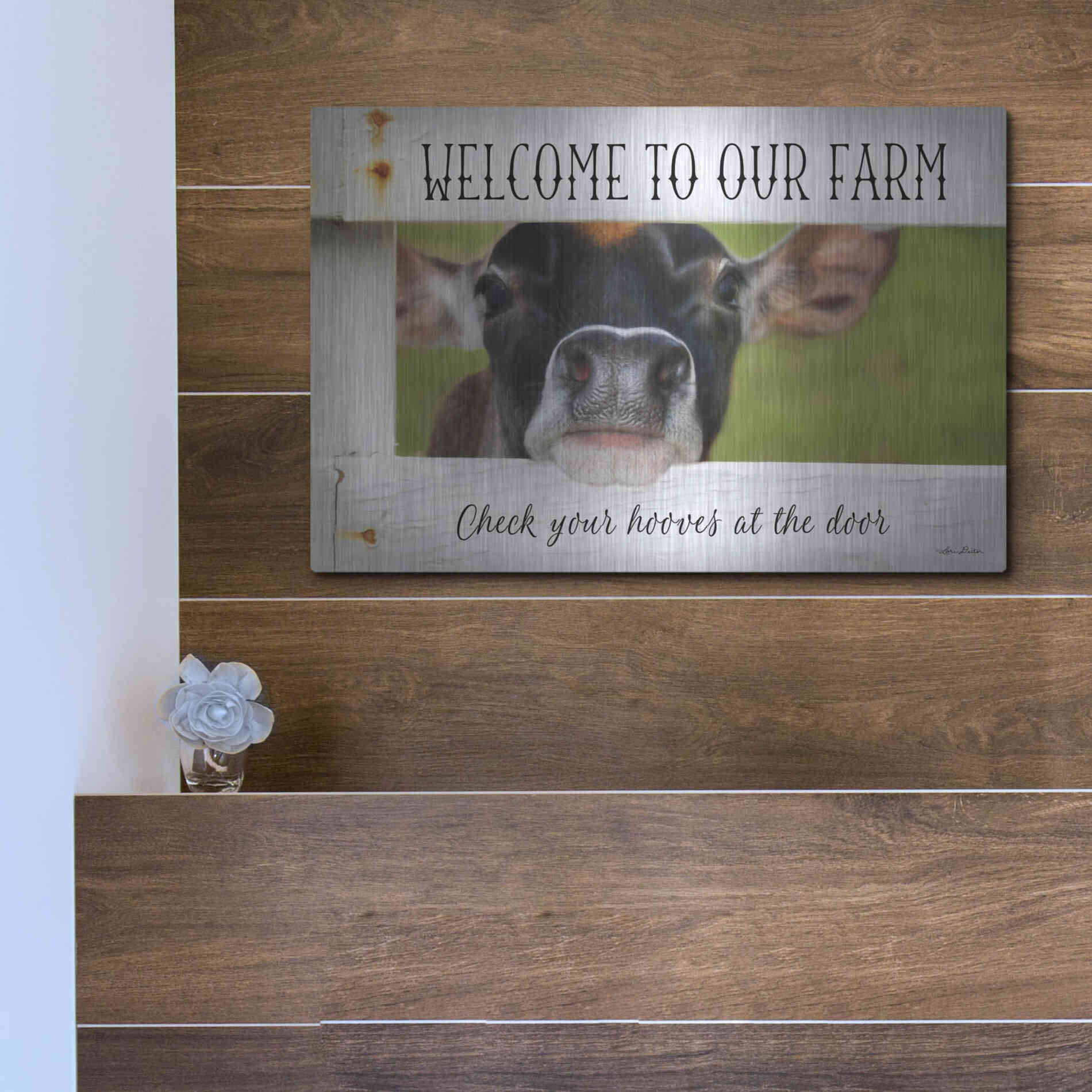 Luxe Metal Art 'Welcome Cow' by Lori Deiter Metal Wall Art,16x12