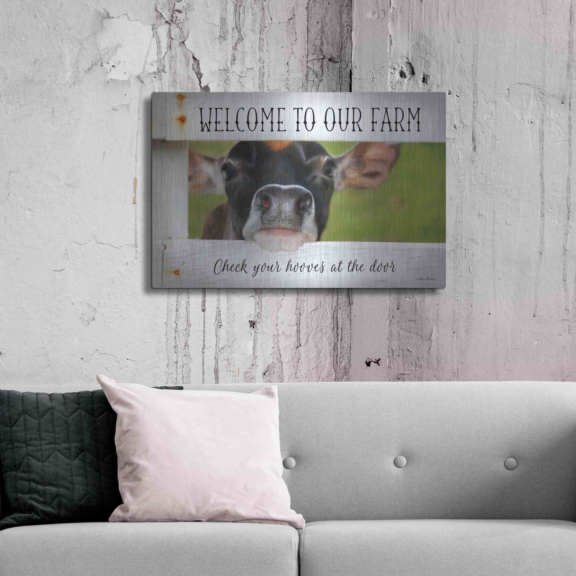 Luxe Metal Art 'Welcome Cow' by Lori Deiter Metal Wall Art,36x24