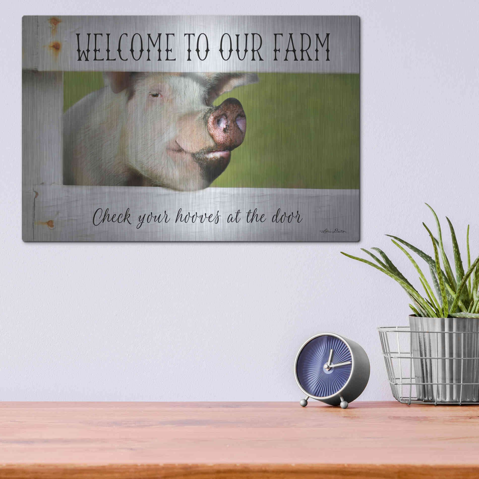 Luxe Metal Art 'Welcome Pig' by Lori Deiter Metal Wall Art,16x12