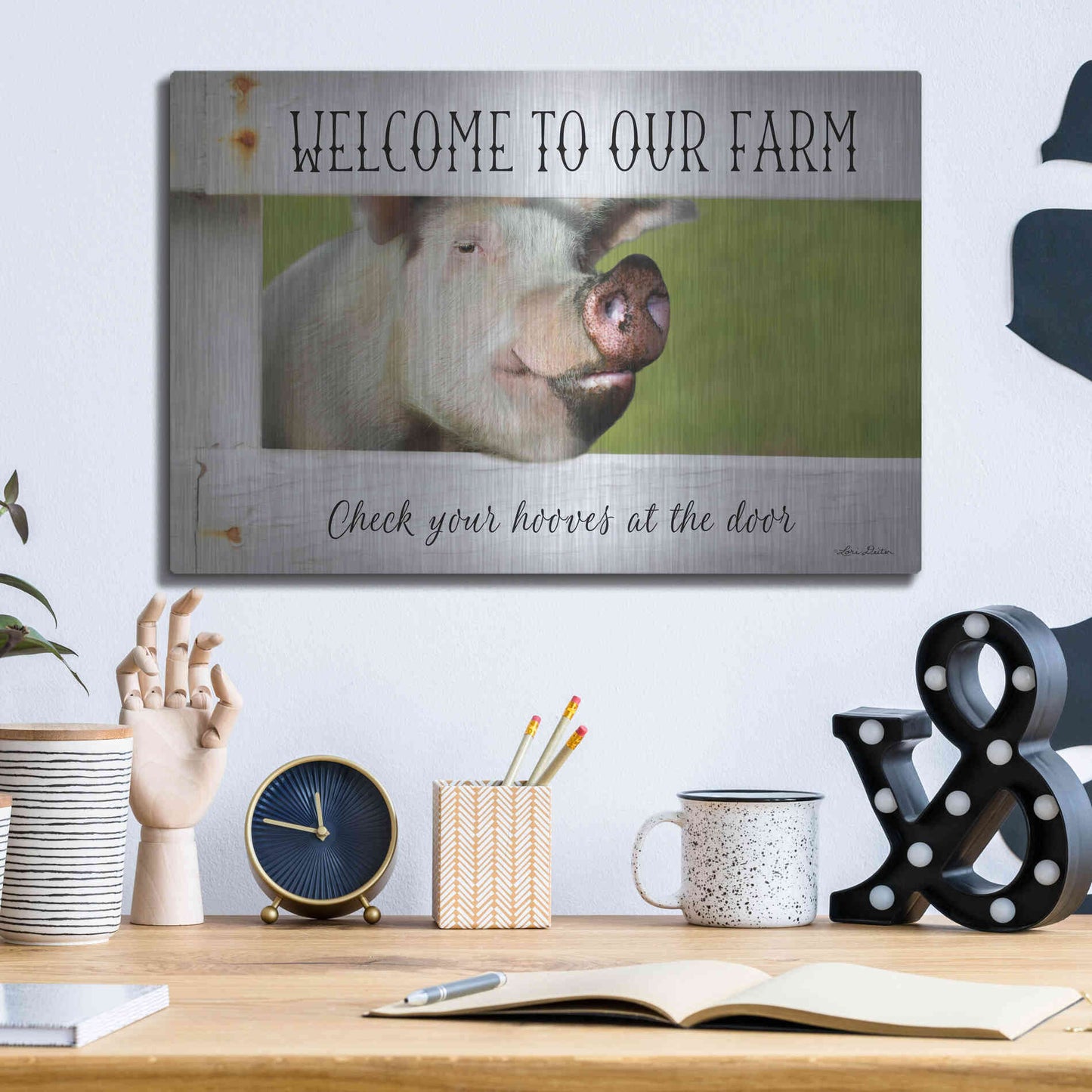 Luxe Metal Art 'Welcome Pig' by Lori Deiter Metal Wall Art,16x12