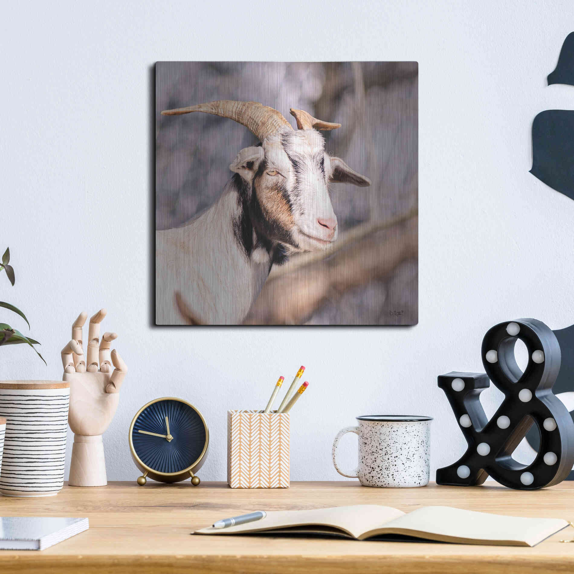 Luxe Metal Art 'Brown Goat' by Donnie Quillen Metal Wall Art,12x12
