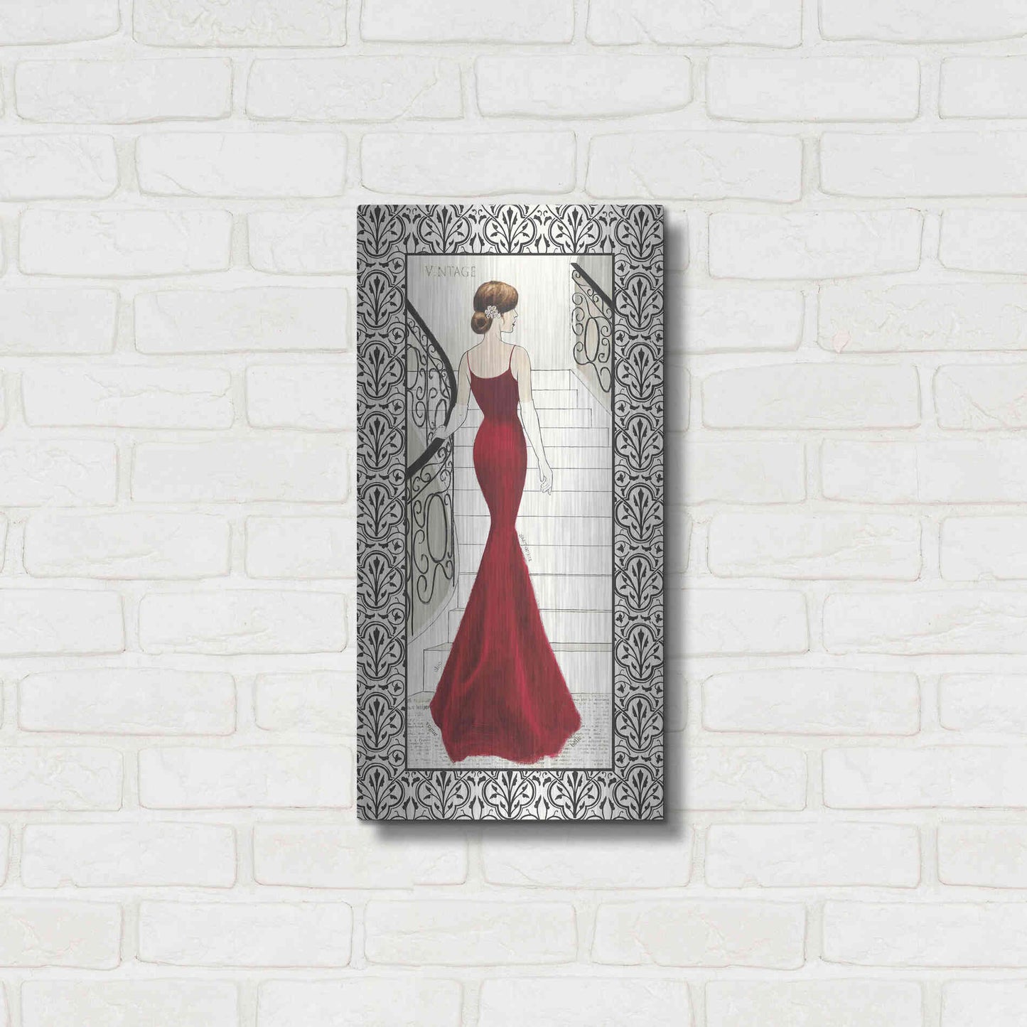 Luxe Metal Art 'La Belle Rouge with Floral Cartouche Border' by Emily Adams, Metal Wall Art,12x24