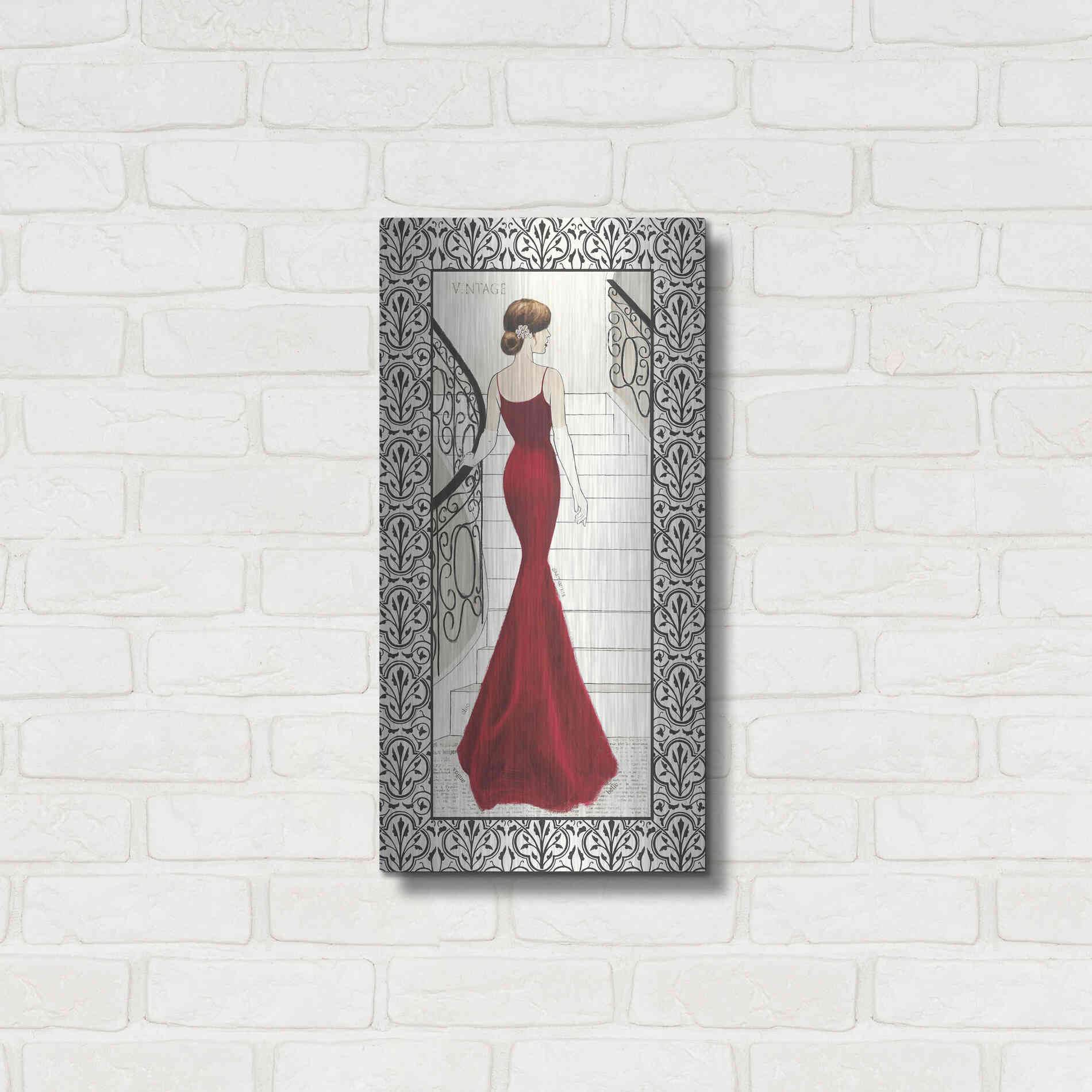 Luxe Metal Art 'La Belle Rouge with Floral Cartouche Border' by Emily Adams, Metal Wall Art,12x24