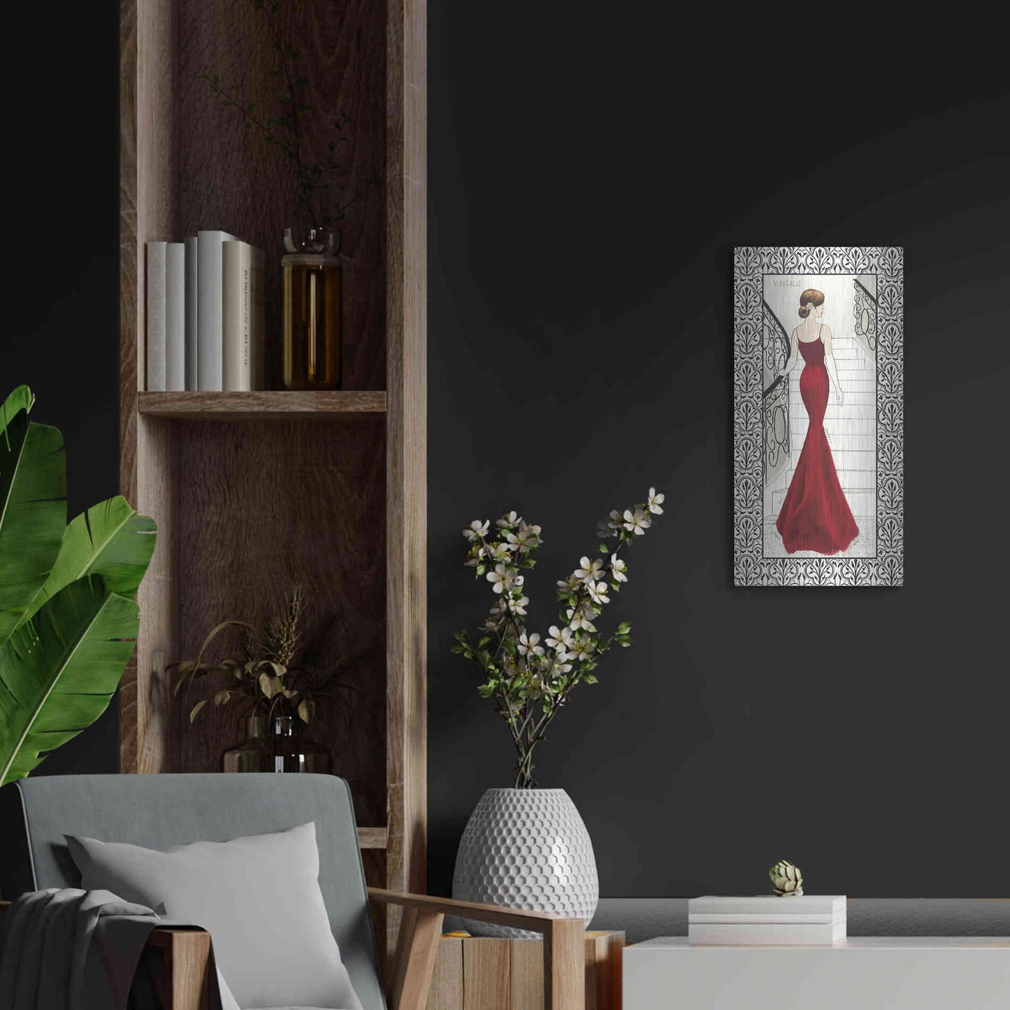 Luxe Metal Art 'La Belle Rouge with Floral Cartouche Border' by Emily Adams, Metal Wall Art,12x24