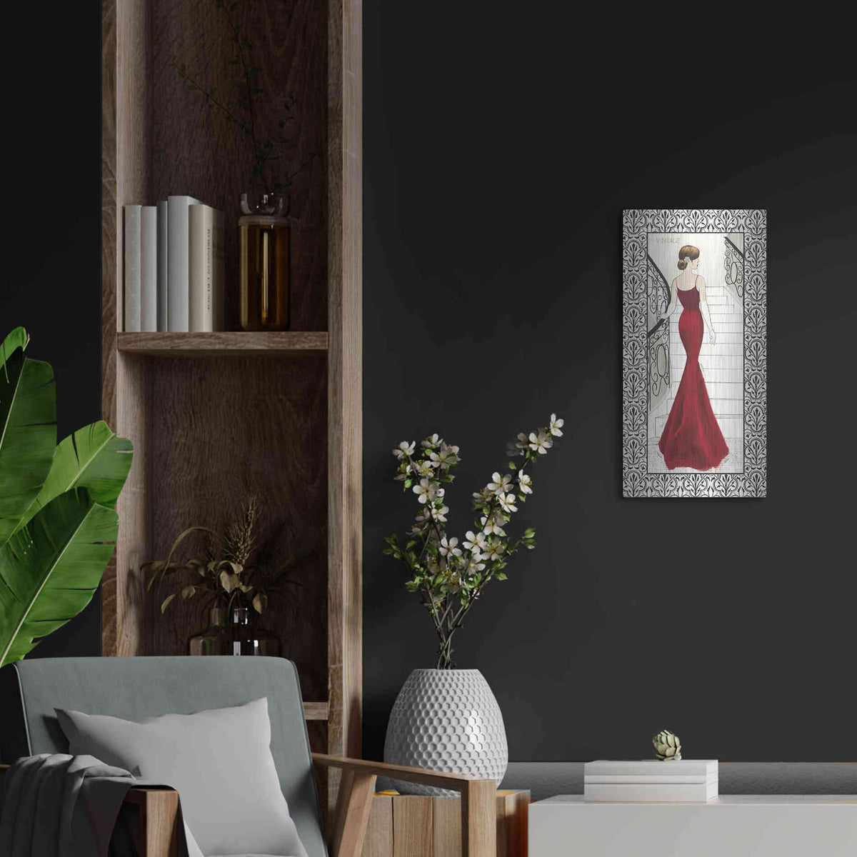 Luxe Metal Art 'La Belle Rouge with Floral Cartouche Border' by Emily Adams, Metal Wall Art,12x24