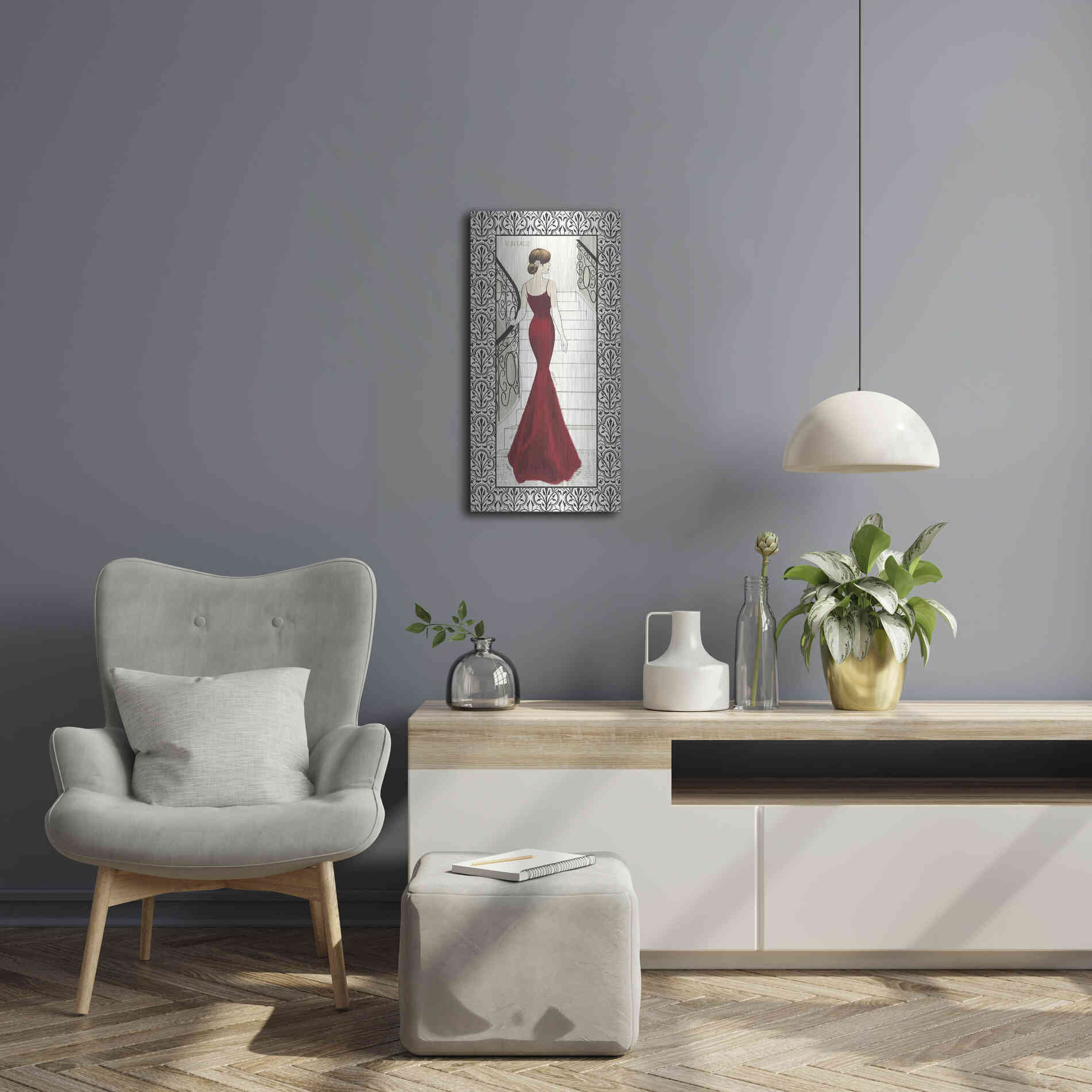 Luxe Metal Art 'La Belle Rouge with Floral Cartouche Border' by Emily Adams, Metal Wall Art,12x24