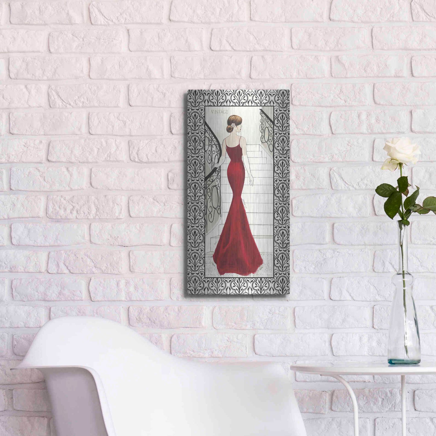 Luxe Metal Art 'La Belle Rouge with Floral Cartouche Border' by Emily Adams, Metal Wall Art,12x24