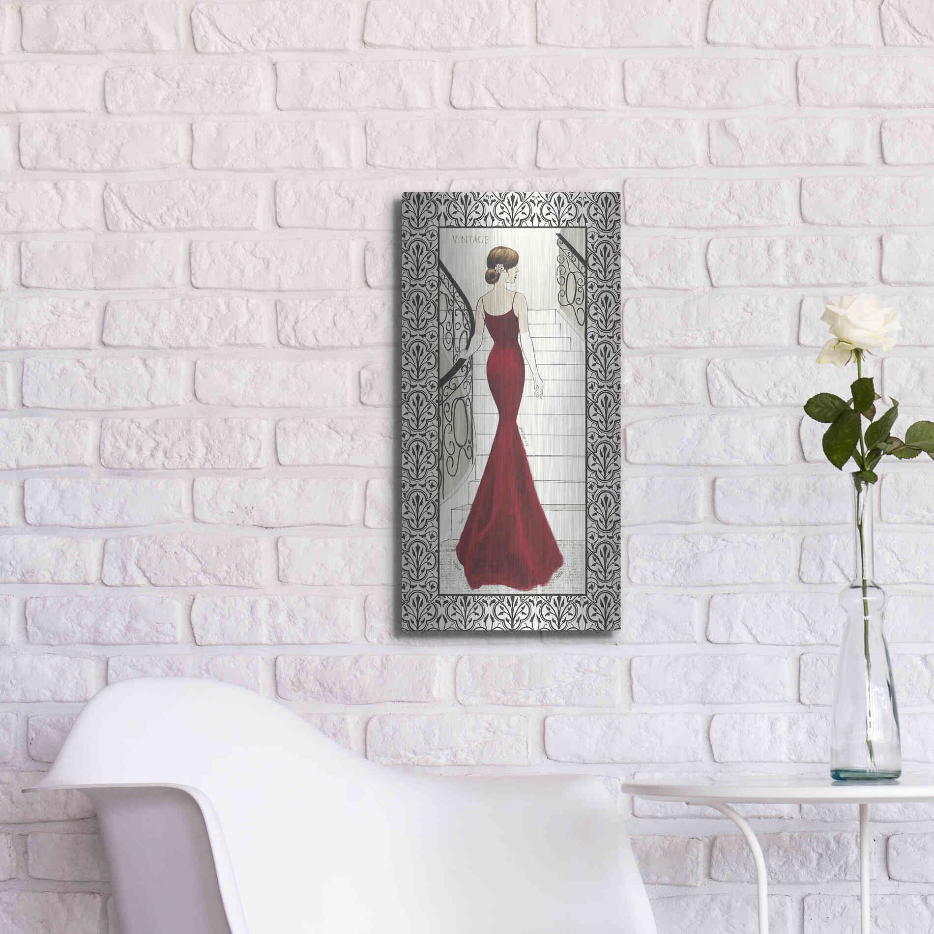 Luxe Metal Art 'La Belle Rouge with Floral Cartouche Border' by Emily Adams, Metal Wall Art,12x24