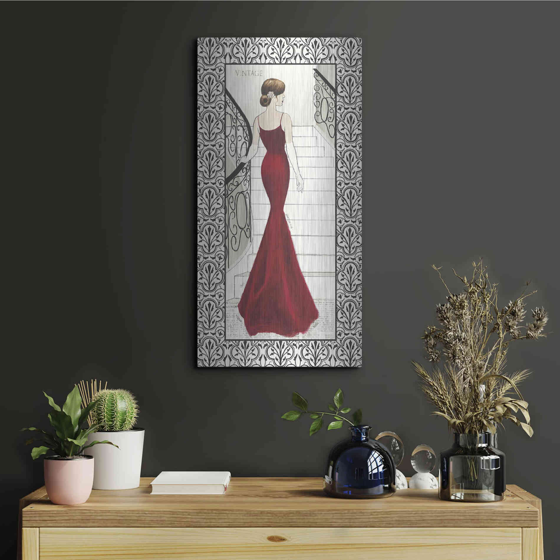 Luxe Metal Art 'La Belle Rouge with Floral Cartouche Border' by Emily Adams, Metal Wall Art,12x24