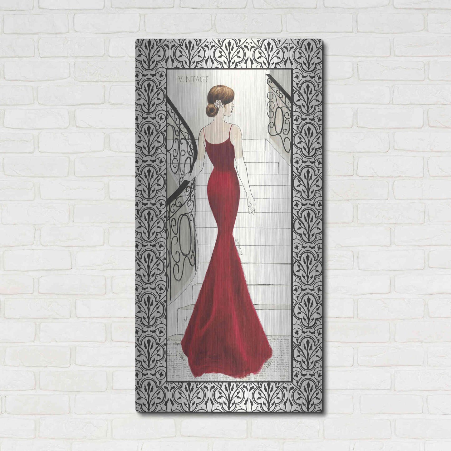 Luxe Metal Art 'La Belle Rouge with Floral Cartouche Border' by Emily Adams, Metal Wall Art,24x48