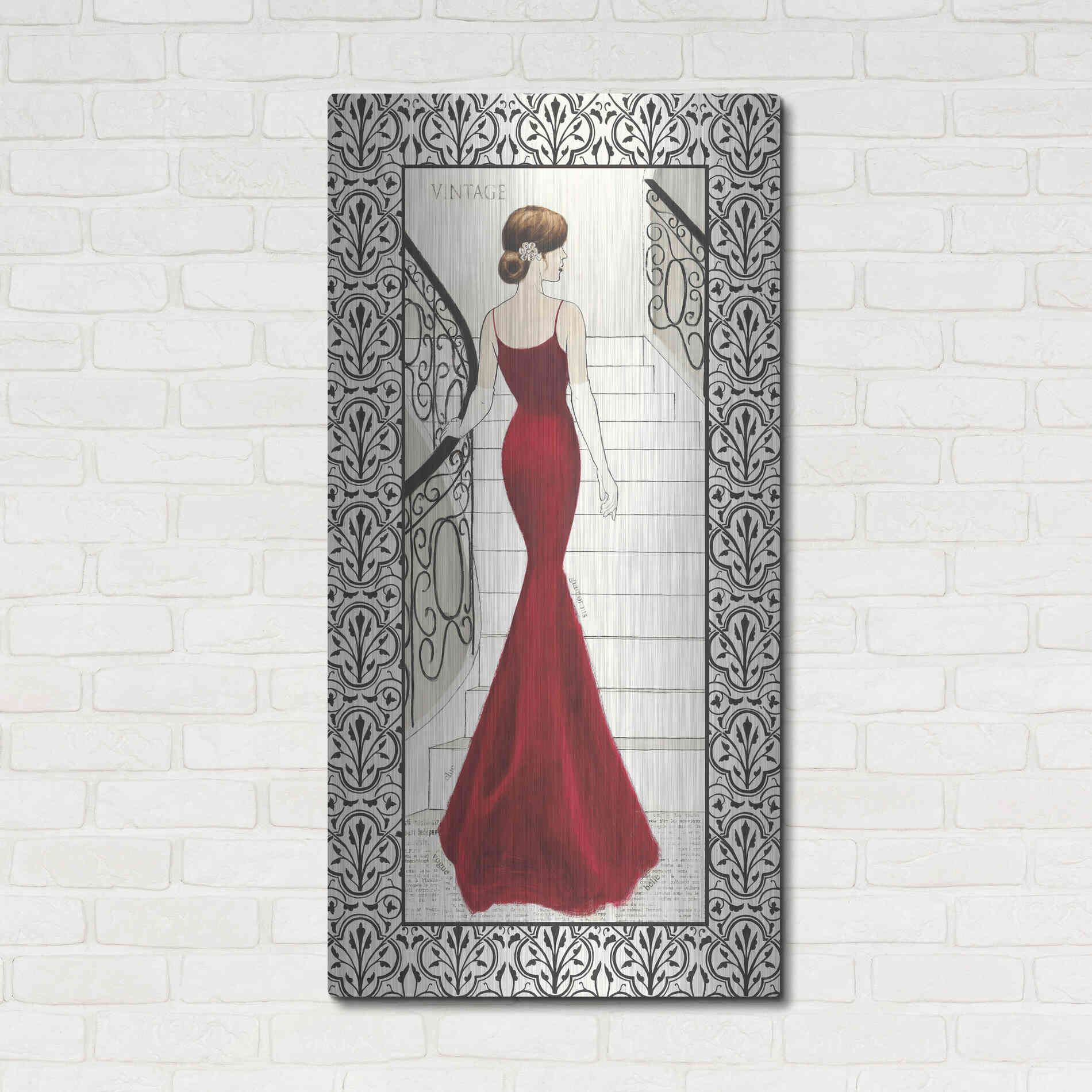 Luxe Metal Art 'La Belle Rouge with Floral Cartouche Border' by Emily Adams, Metal Wall Art,24x48