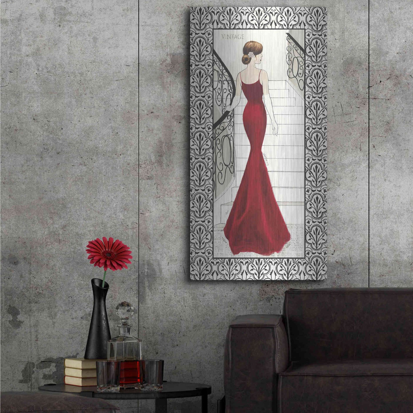 Luxe Metal Art 'La Belle Rouge with Floral Cartouche Border' by Emily Adams, Metal Wall Art,24x48