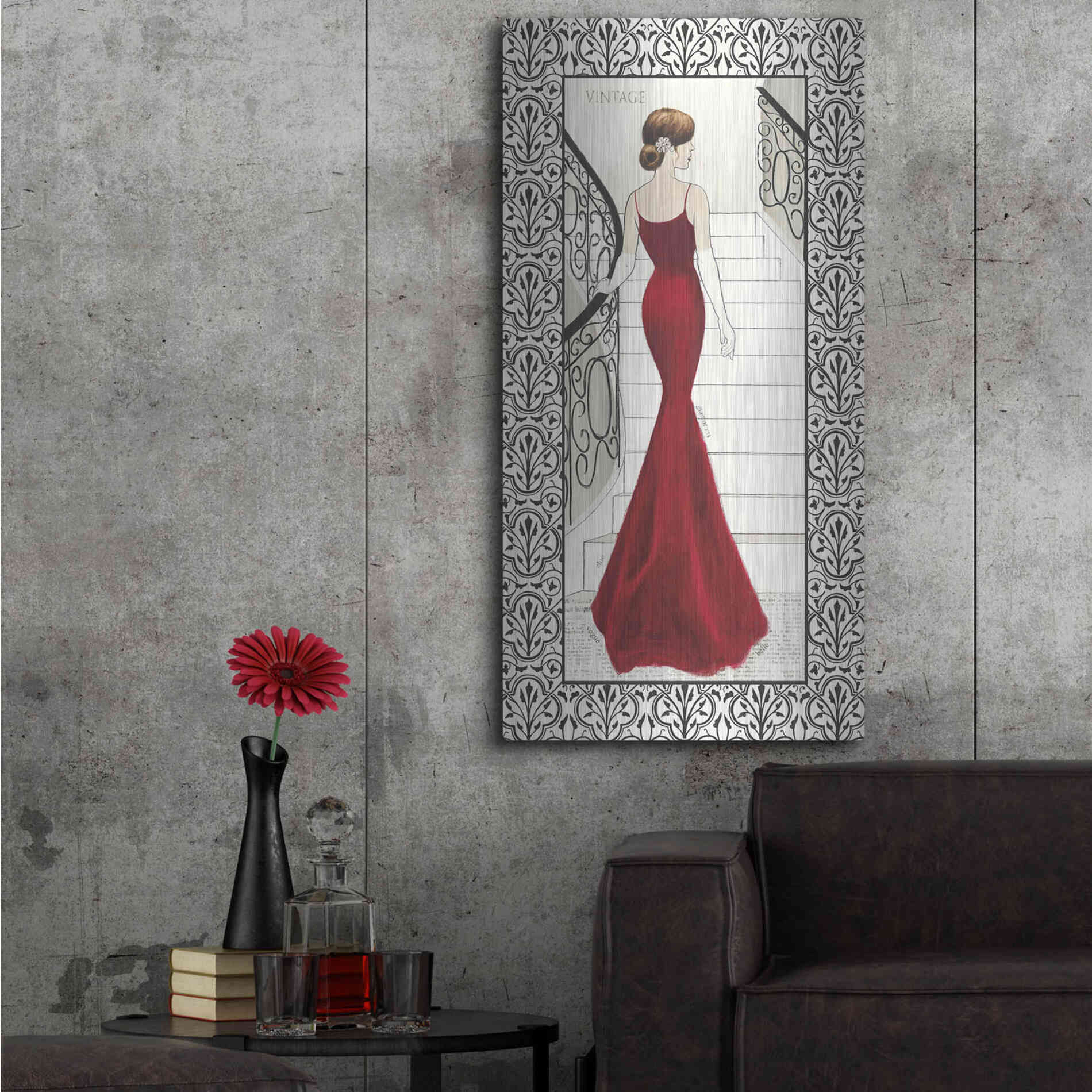 Luxe Metal Art 'La Belle Rouge with Floral Cartouche Border' by Emily Adams, Metal Wall Art,24x48