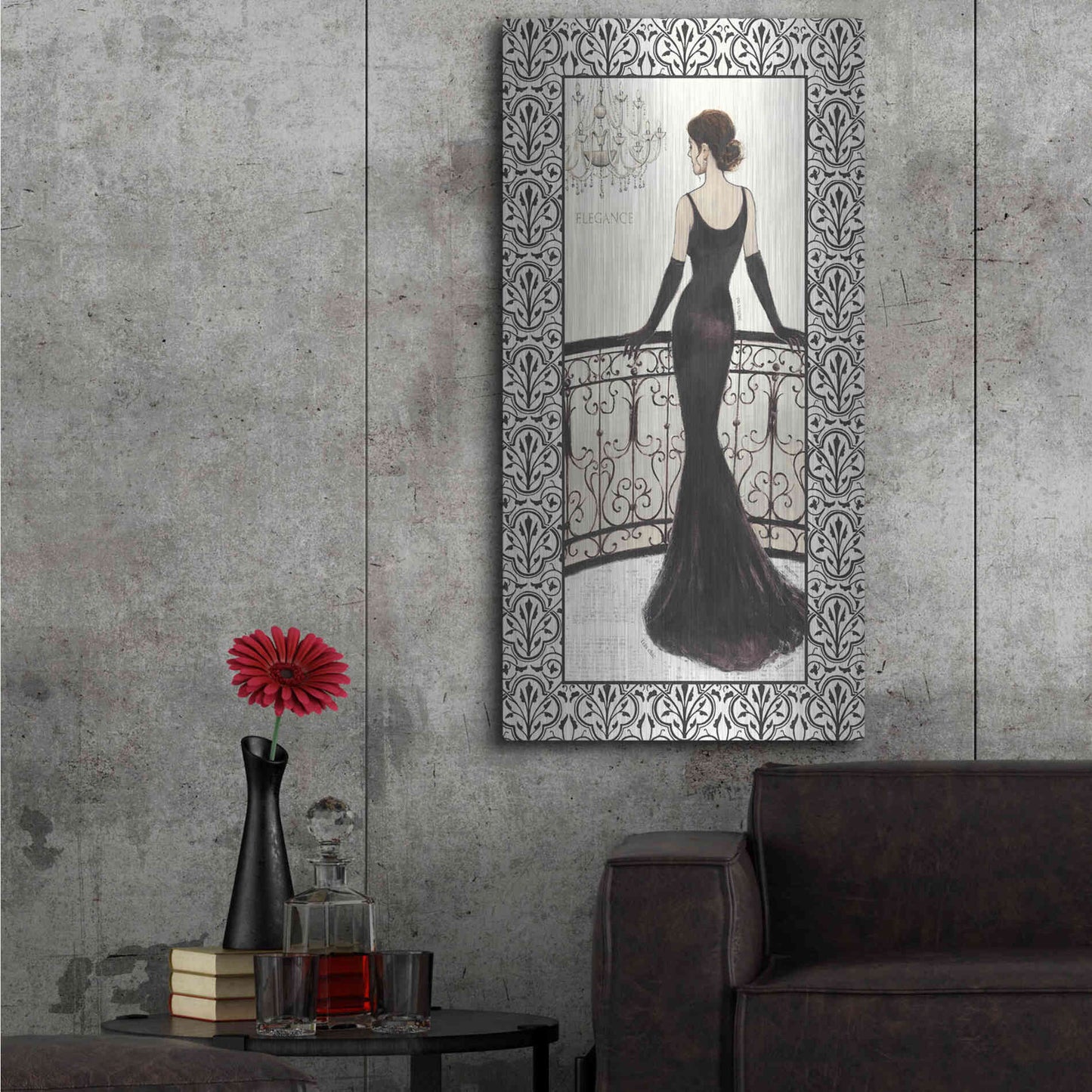 Luxe Metal Art 'La Belle Noir with Floral Cartouche Border 4' by Emily Adams, Metal Wall Art,24x48