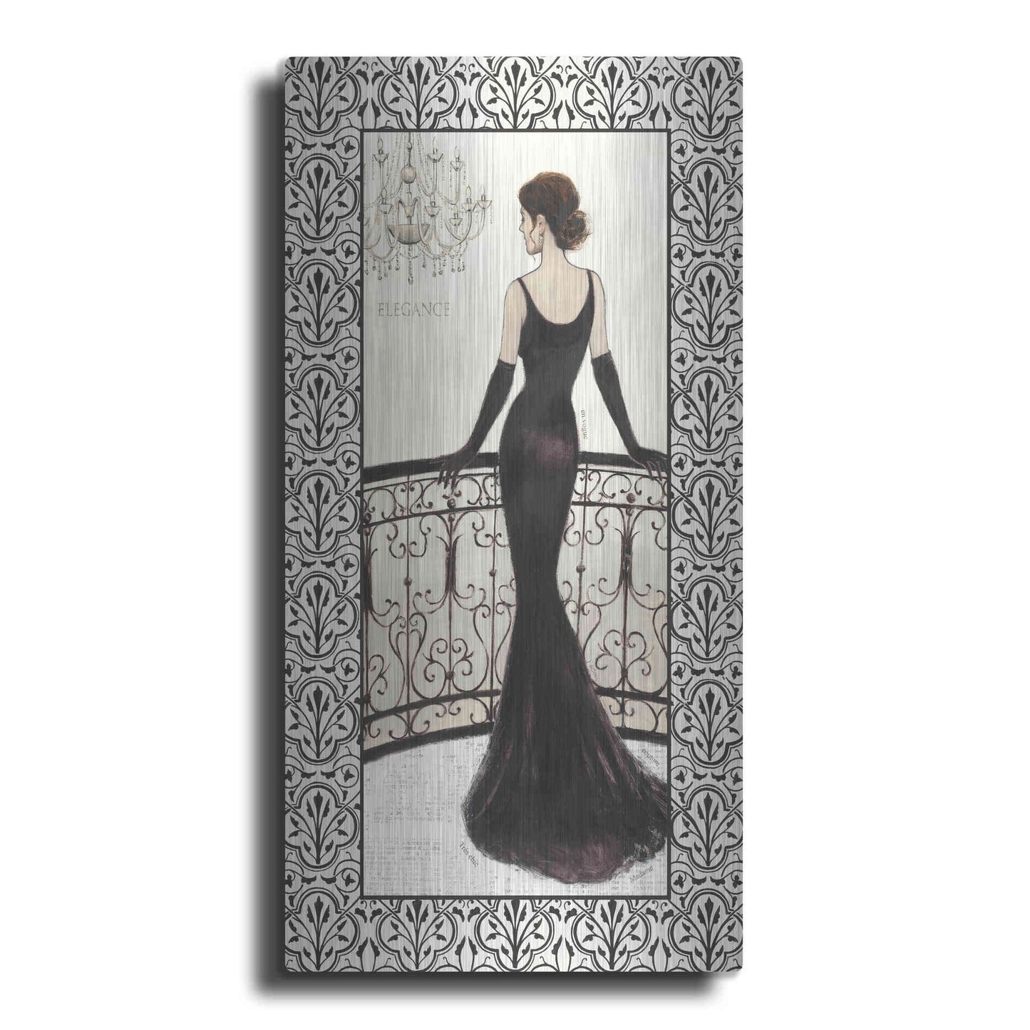 Luxe Metal Art 'La Belle Noir with Floral Cartouche Border 4' by Emily Adams, Metal Wall Art