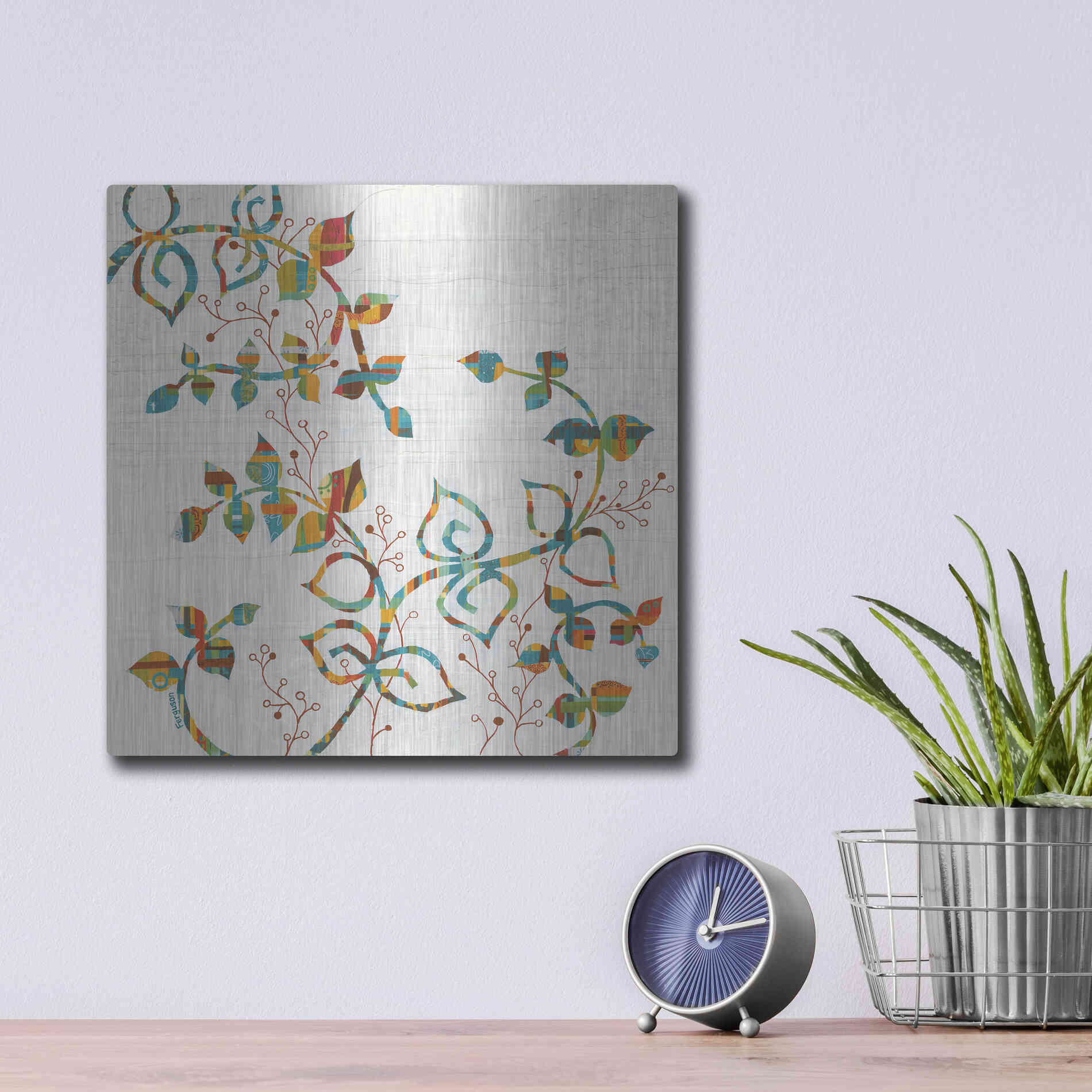 Luxe Metal Art 'Rainbow Vines with Berries Spice' by Kathy Ferguson, Metal Wall Art,12x12