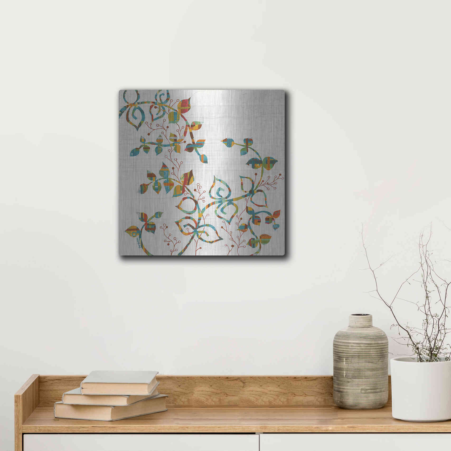 Luxe Metal Art 'Rainbow Vines with Berries Spice' by Kathy Ferguson, Metal Wall Art,12x12