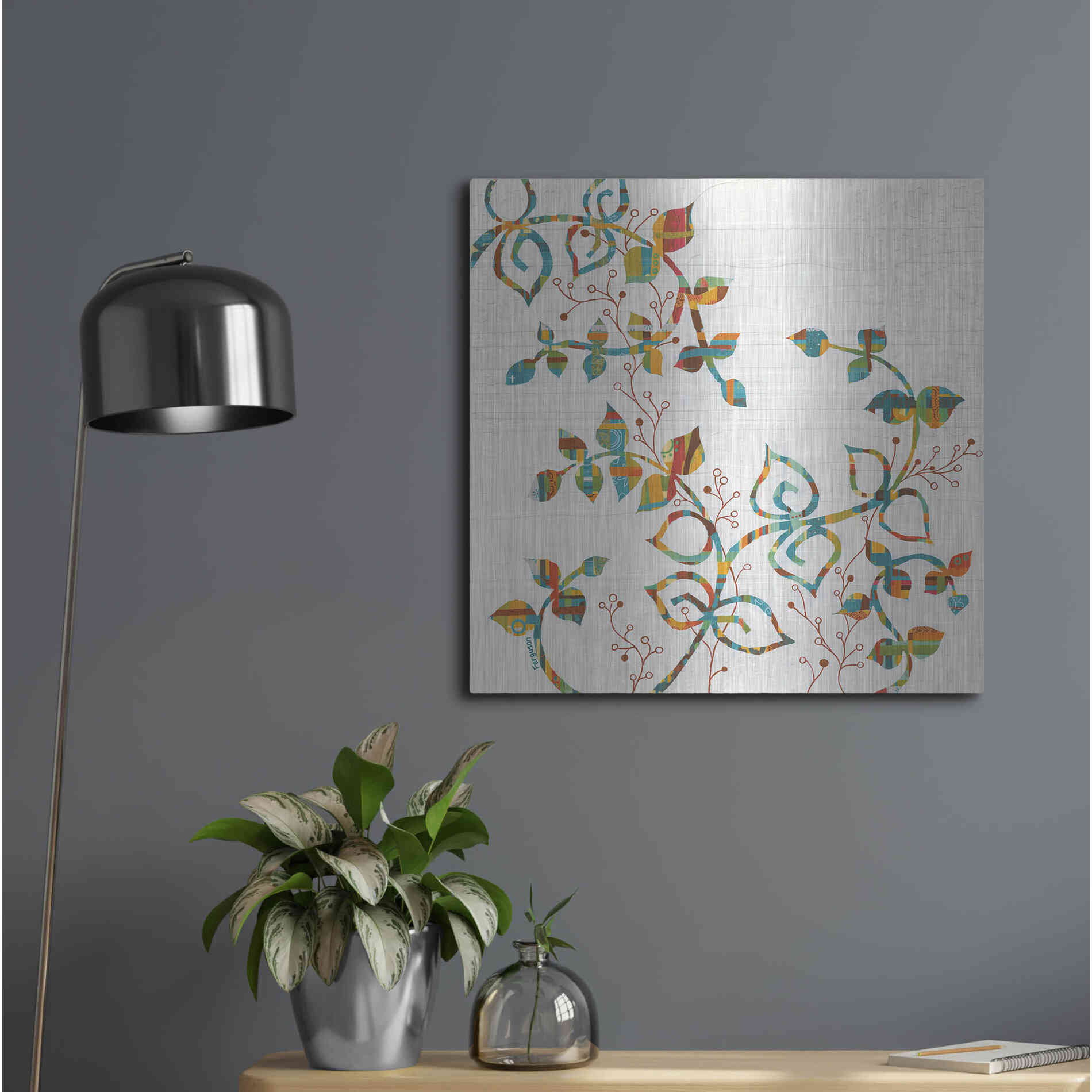 Luxe Metal Art 'Rainbow Vines with Berries Spice' by Kathy Ferguson, Metal Wall Art,24x24