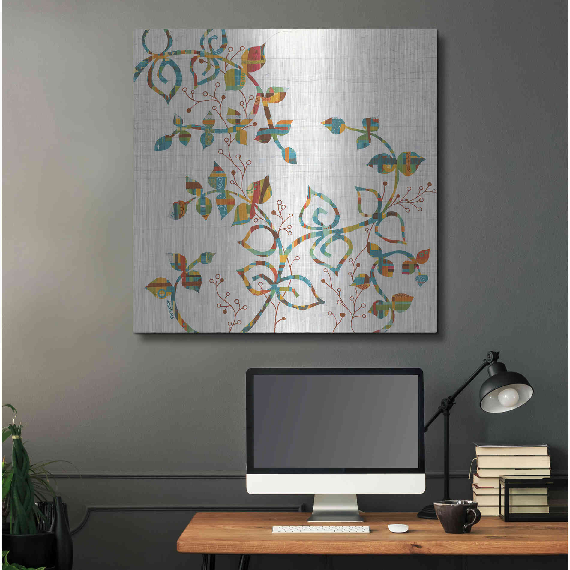 Luxe Metal Art 'Rainbow Vines with Berries Spice' by Kathy Ferguson, Metal Wall Art,36x36