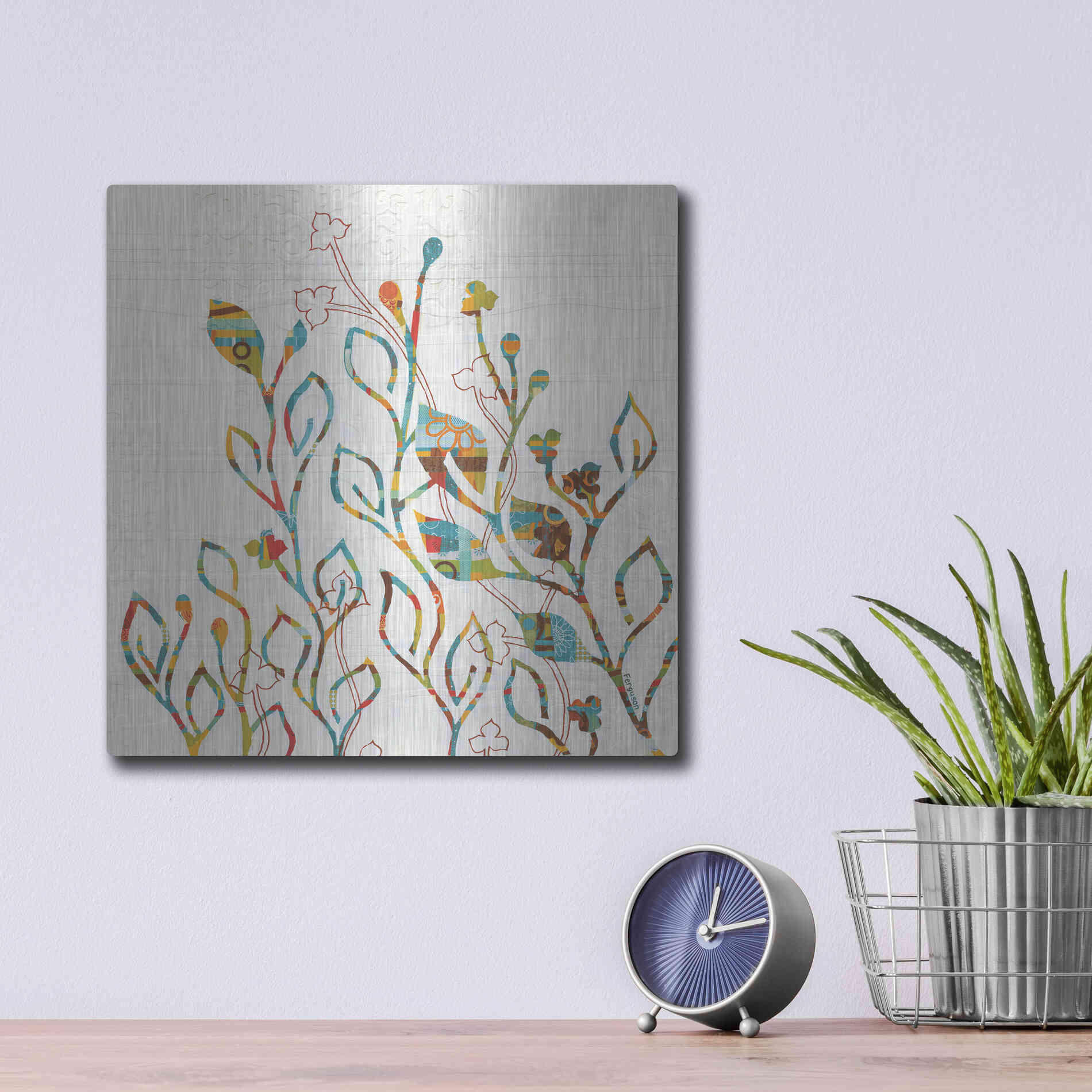 Luxe Metal Art 'Rainbow Vines with Flowers Spice' by Kathy Ferguson, Metal Wall Art,12x12