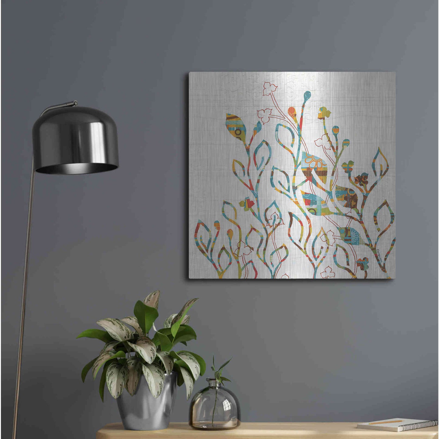 Luxe Metal Art 'Rainbow Vines with Flowers Spice' by Kathy Ferguson, Metal Wall Art,24x24