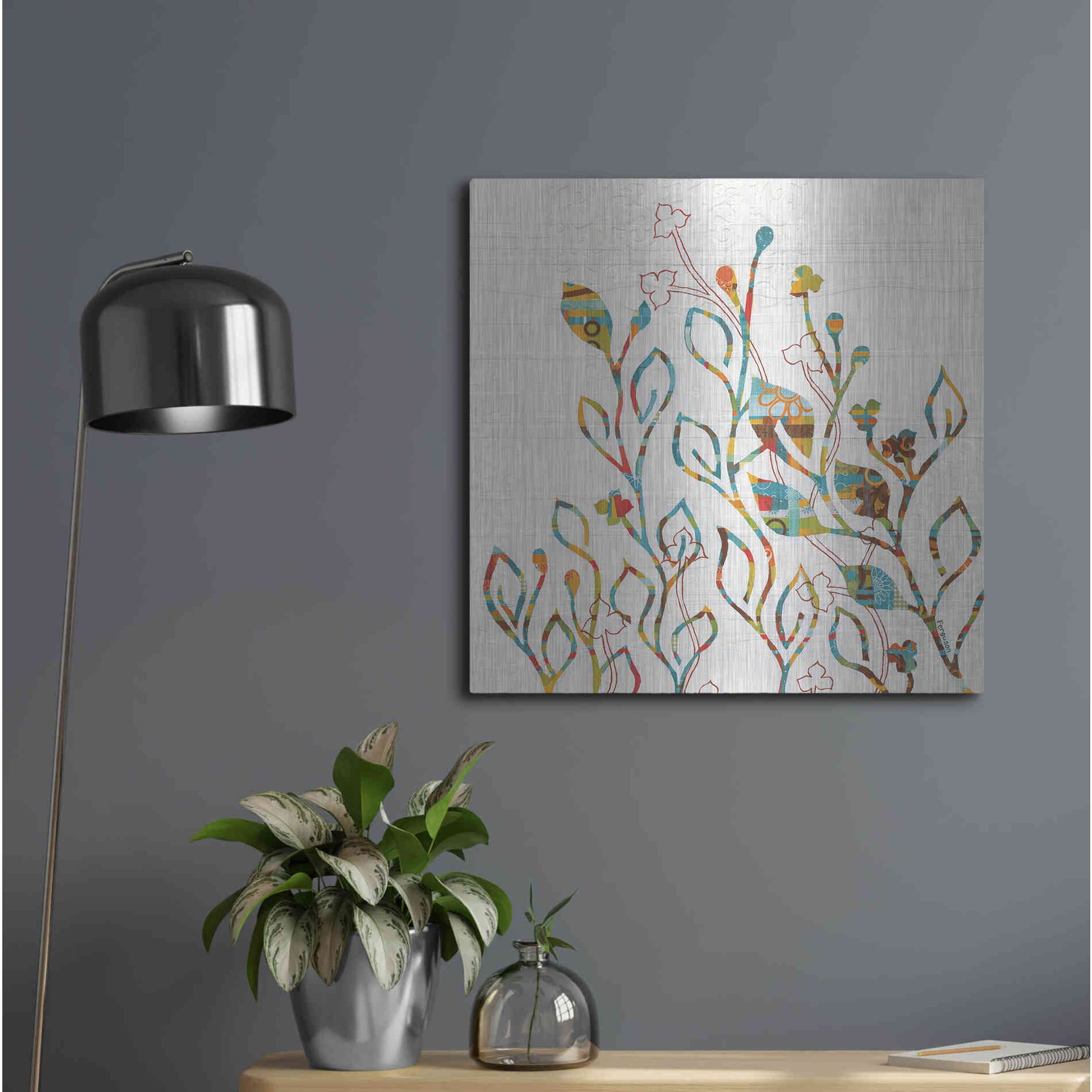 Luxe Metal Art 'Rainbow Vines with Flowers Spice' by Kathy Ferguson, Metal Wall Art,24x24