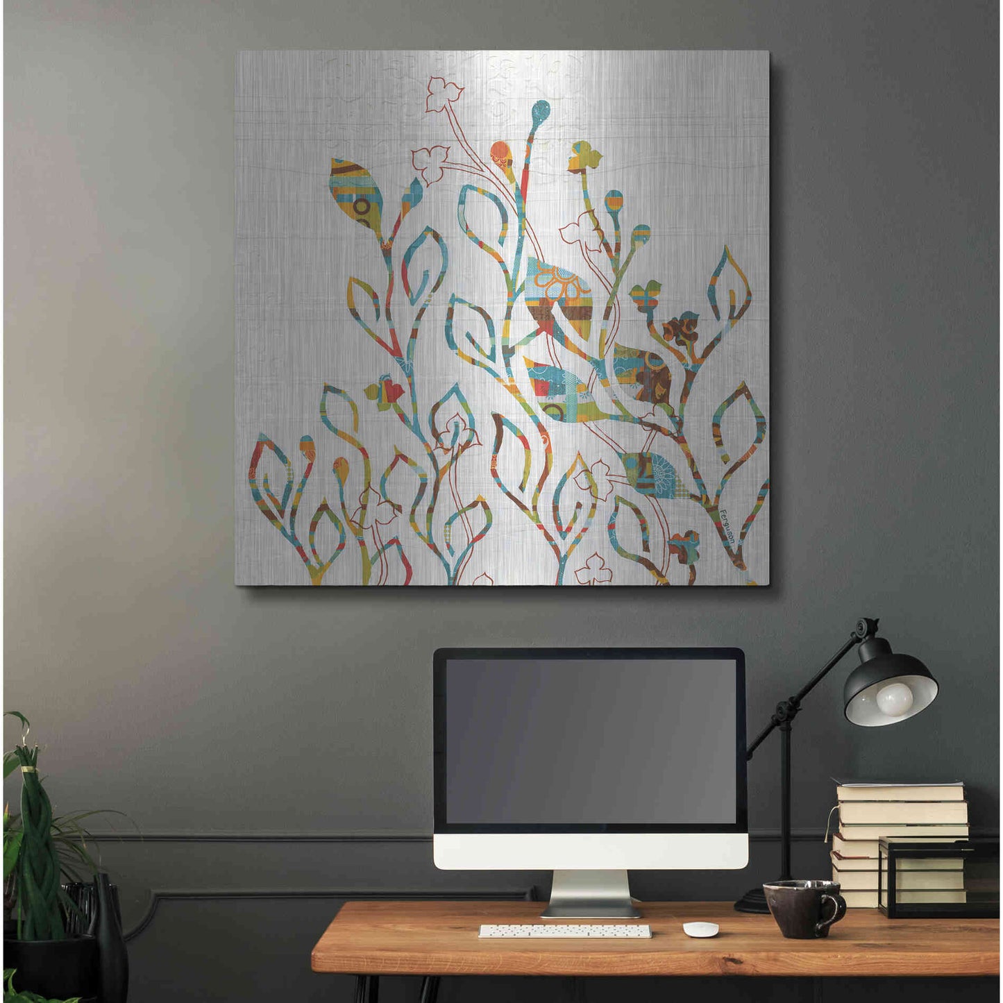 Luxe Metal Art 'Rainbow Vines with Flowers Spice' by Kathy Ferguson, Metal Wall Art,36x36