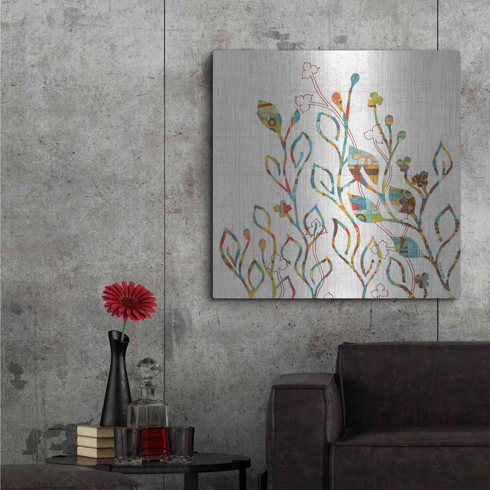 Luxe Metal Art 'Rainbow Vines with Flowers Spice' by Kathy Ferguson, Metal Wall Art,36x36