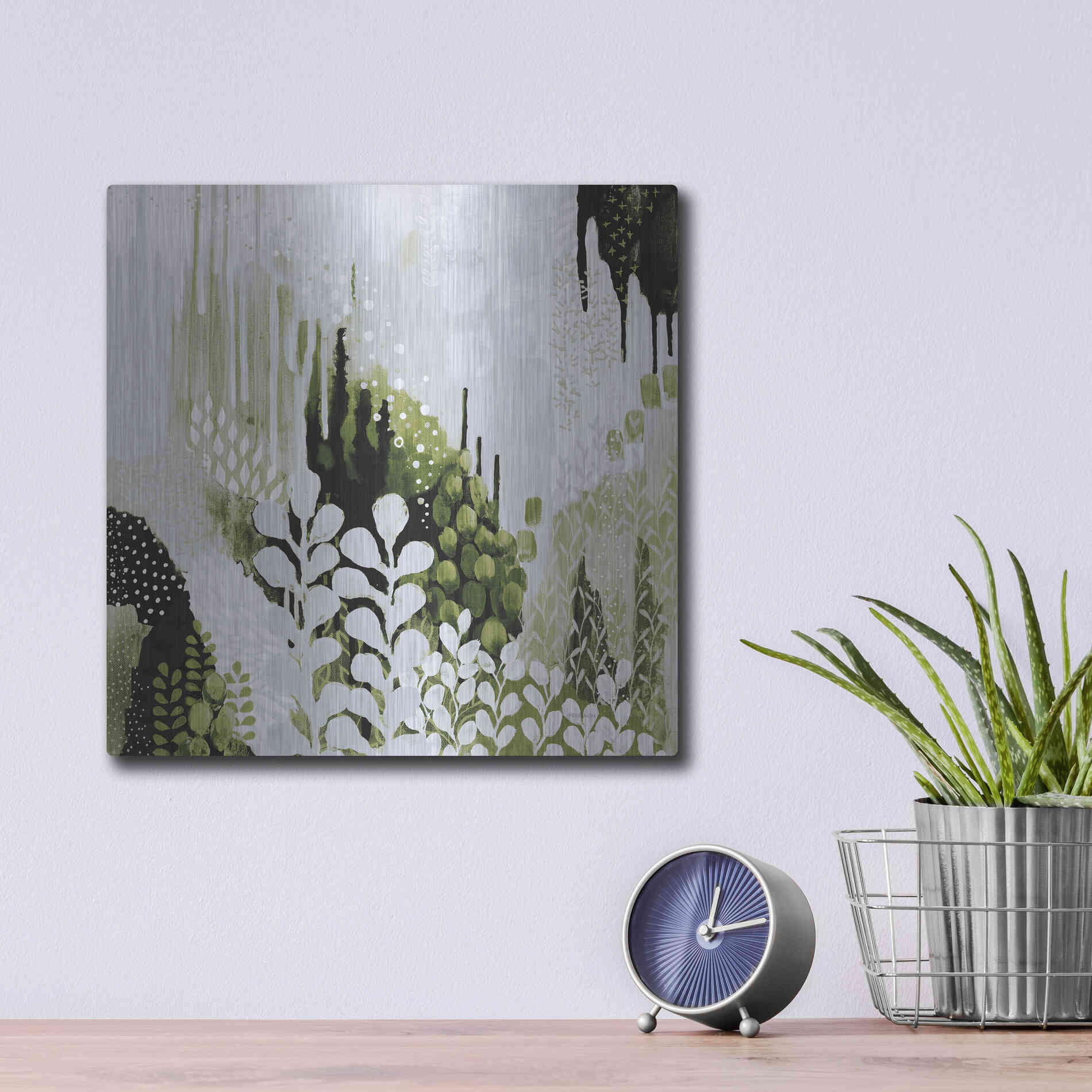 Luxe Metal Art 'BW Forest II with Green' by Kathy Ferguson, Metal Wall Art,12x12