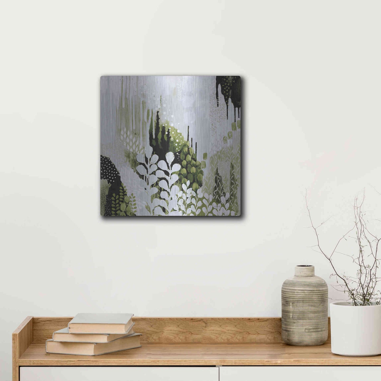 Luxe Metal Art 'BW Forest II with Green' by Kathy Ferguson, Metal Wall Art,12x12