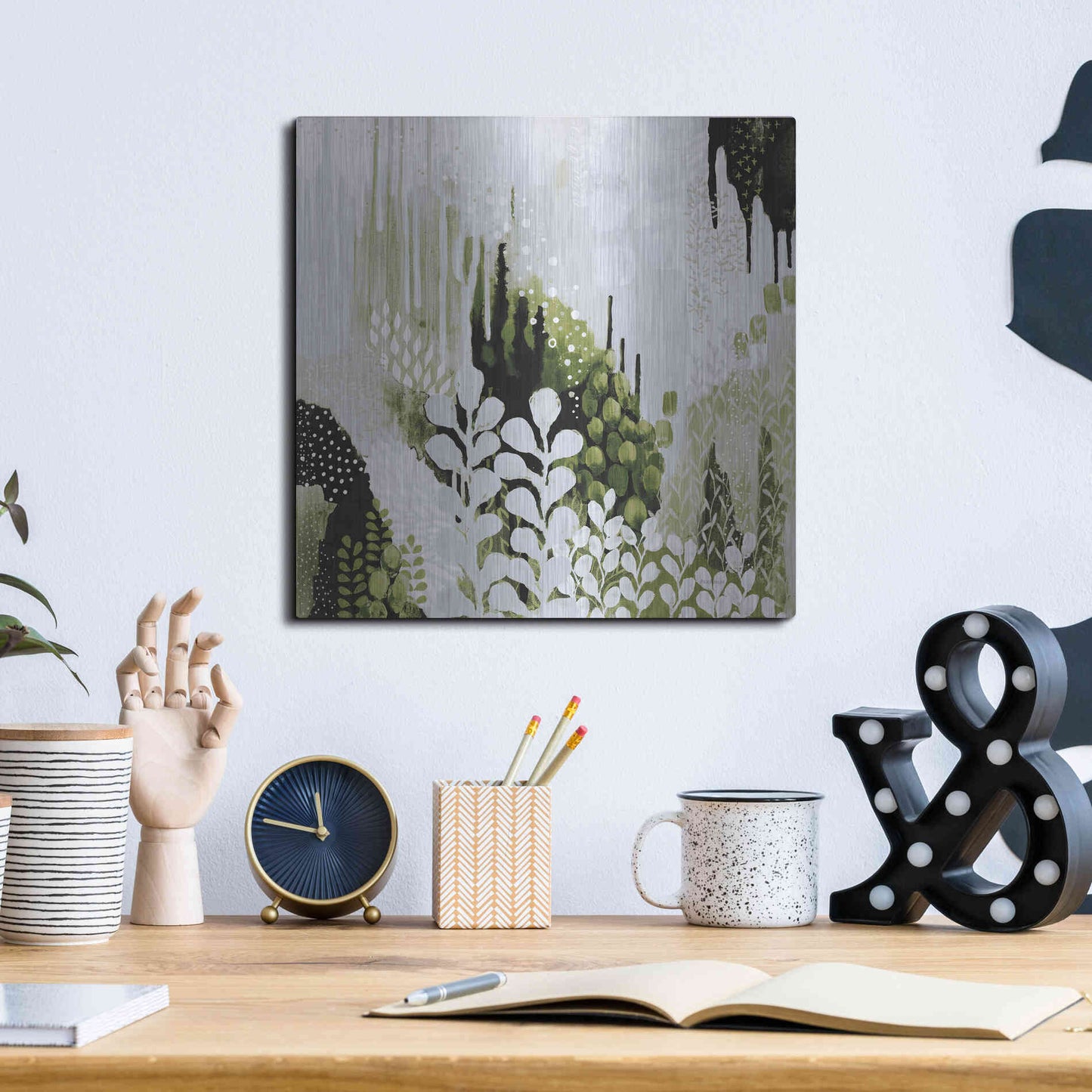 Luxe Metal Art 'BW Forest II with Green' by Kathy Ferguson, Metal Wall Art,12x12