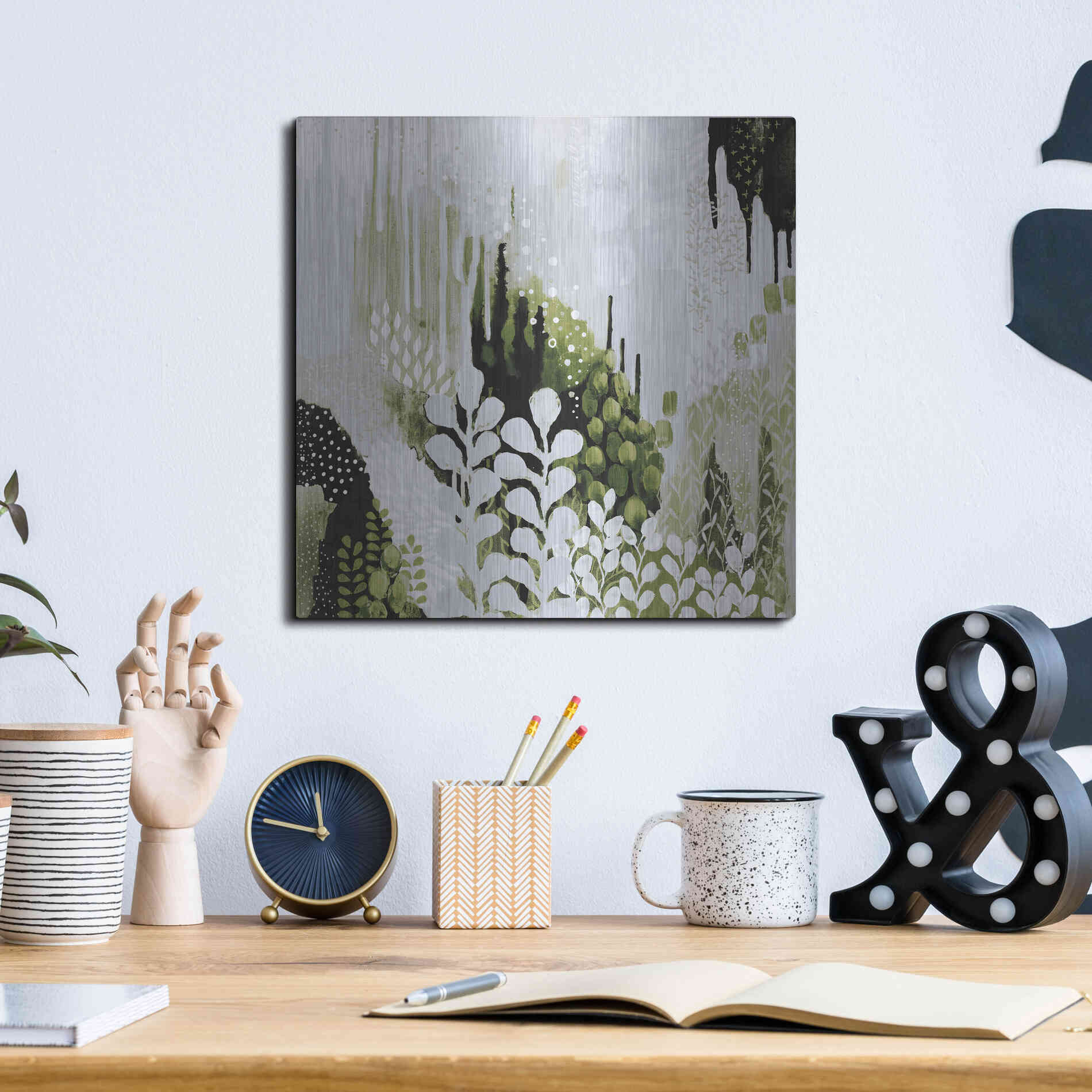 Luxe Metal Art 'BW Forest II with Green' by Kathy Ferguson, Metal Wall Art,12x12